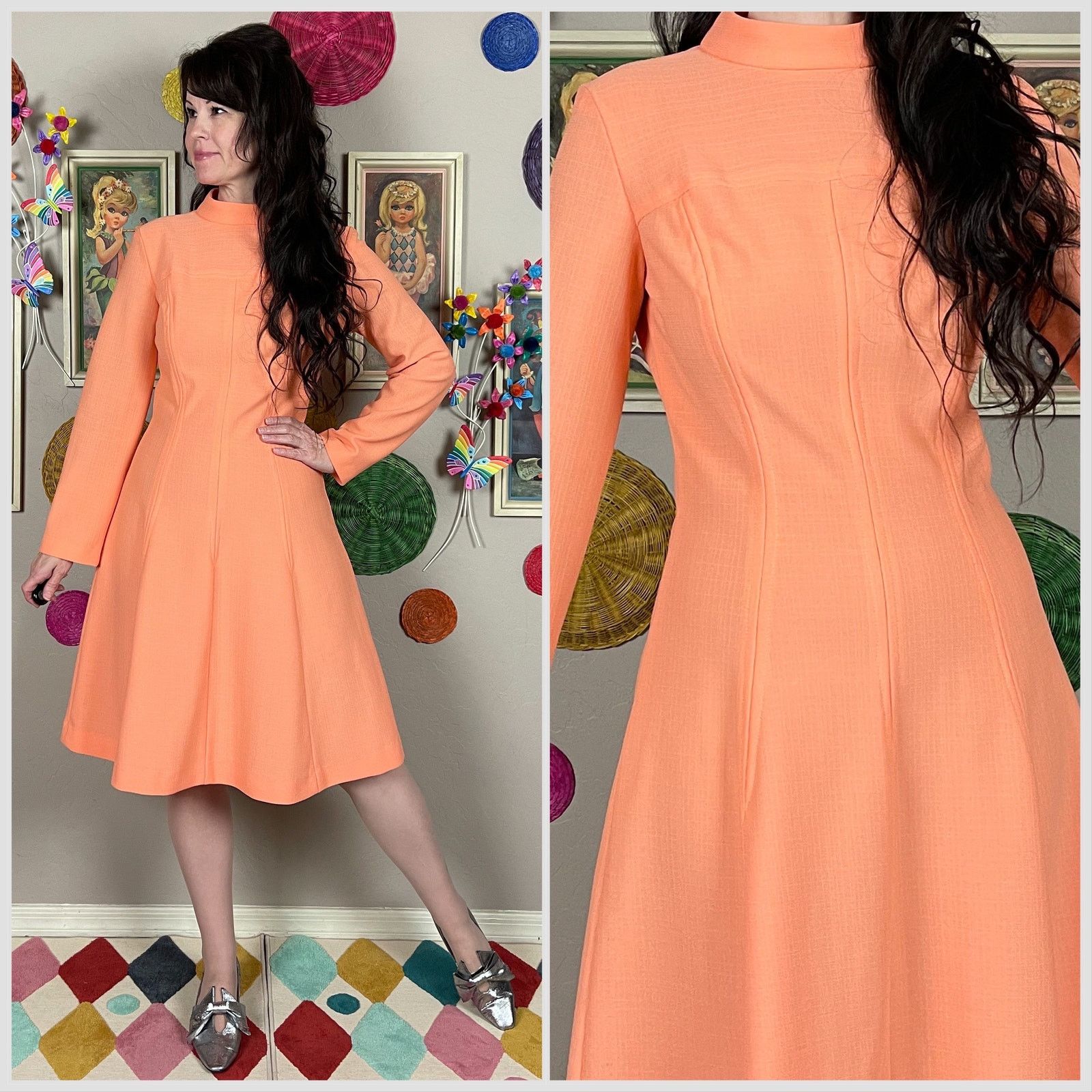 Vintage Vintage 1970s Peach Mock Neck Long Sleeve A-line Dress Size S / US 4 / IT 40 - 1 Thumbnail
