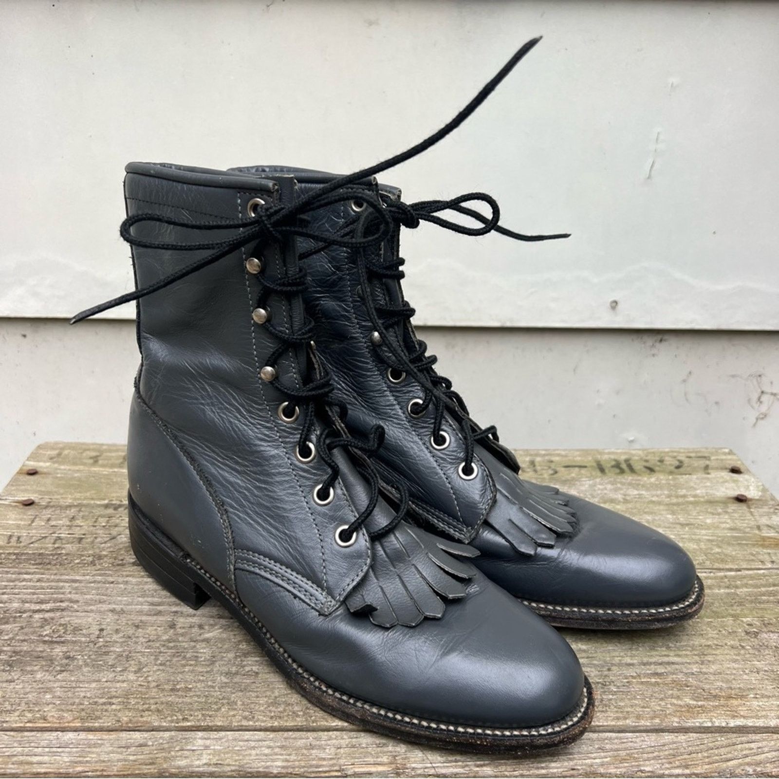 Justin Roper Gray Lace Up Kilte Fringe Toe Cowgirl Boots