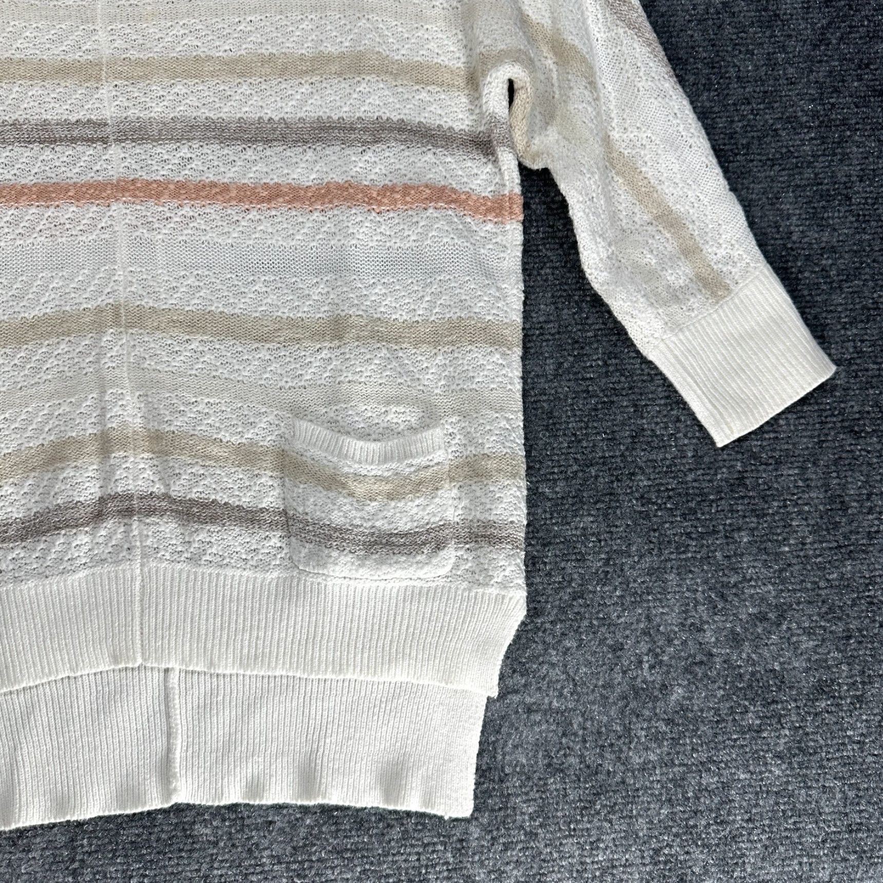 Loft LOFT Sweater Women XS White Striped Open-Knit Pockets Cotton Linen Knit Pullover Round Neck Regular Long Sleeve Vintage: No Size XS / US 0-2 / IT 36-38 - 3 Thumbnail