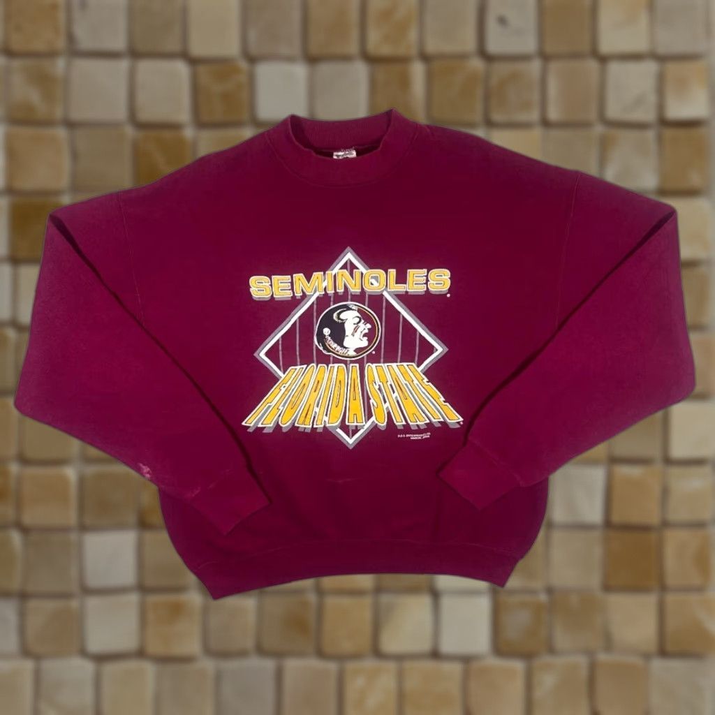 Fruit Of The Loom VINTAGE 90's Florida State Seminoles College Spellout Graphic Sweatshirt Mens M Burgundy Red Crewneck Pullover 90s Graphic Spellout Front Size US M / EU 48-50 / 2 - 1 Thumbnail