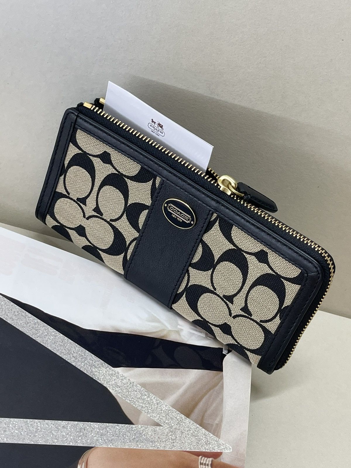 image of Coach Signature Monogram Slim Zip Wallet in Black, Women's