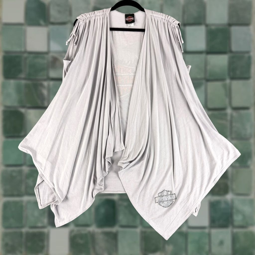 Harley Davidson Harley-Davidson Draped Vest Women S Gray Rhinestone Eagle Sharkbite HC4095L.GRY Vest Sleeveless Open Oversized Vintage? No (remove) Size S / US 4 / IT 40 - 1 Thumbnail
