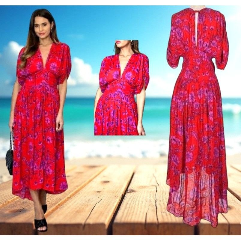 Other Band of Gypsies Hi Low Dress Small Red Pink Flowers Stretch Size S / US 4 / IT 40 - 1 Thumbnail