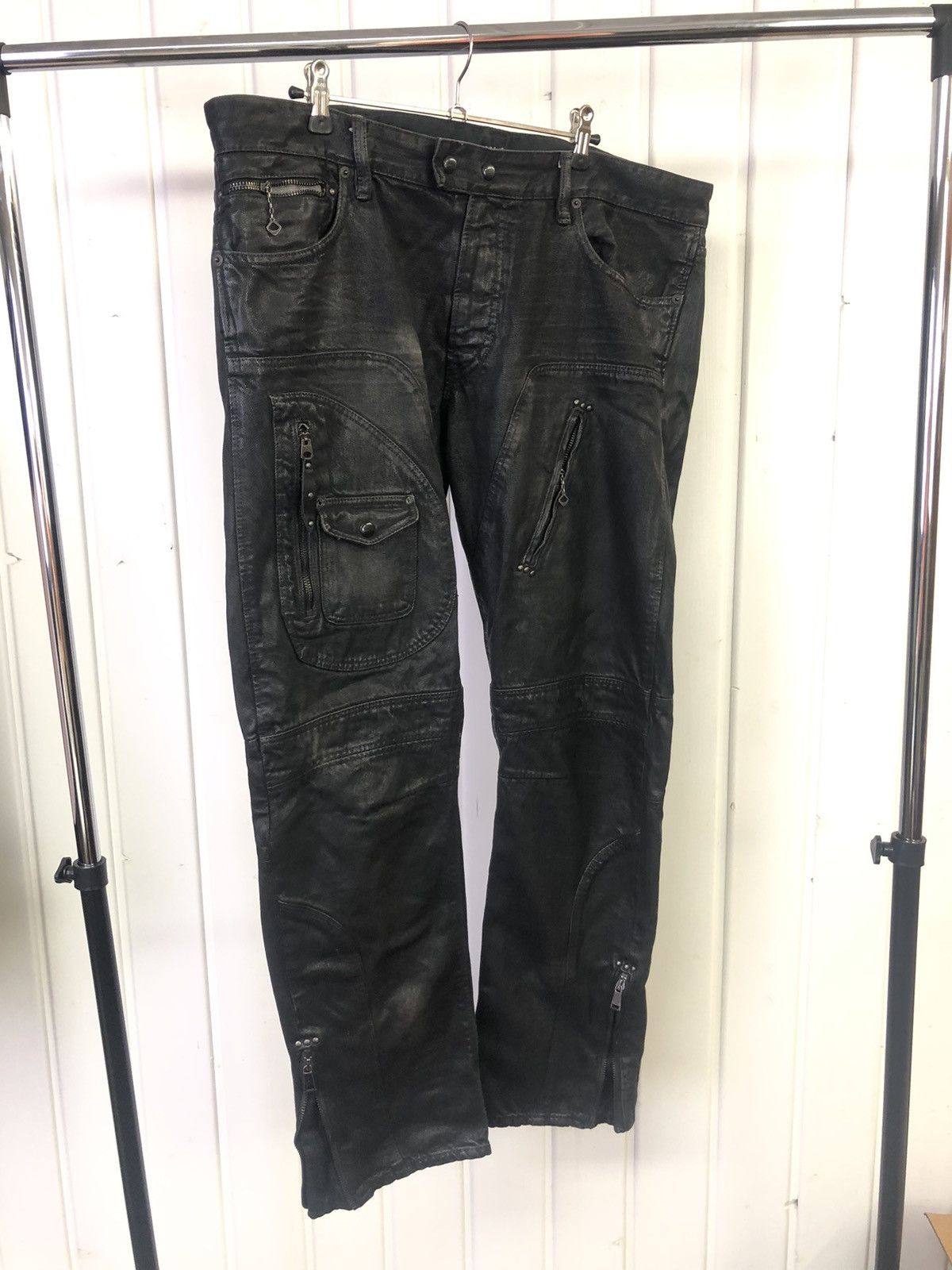 image of Polo Ralph Laurent Waxed Jean Denim Pants Multi Zipper in Black, Men's (Size 36)