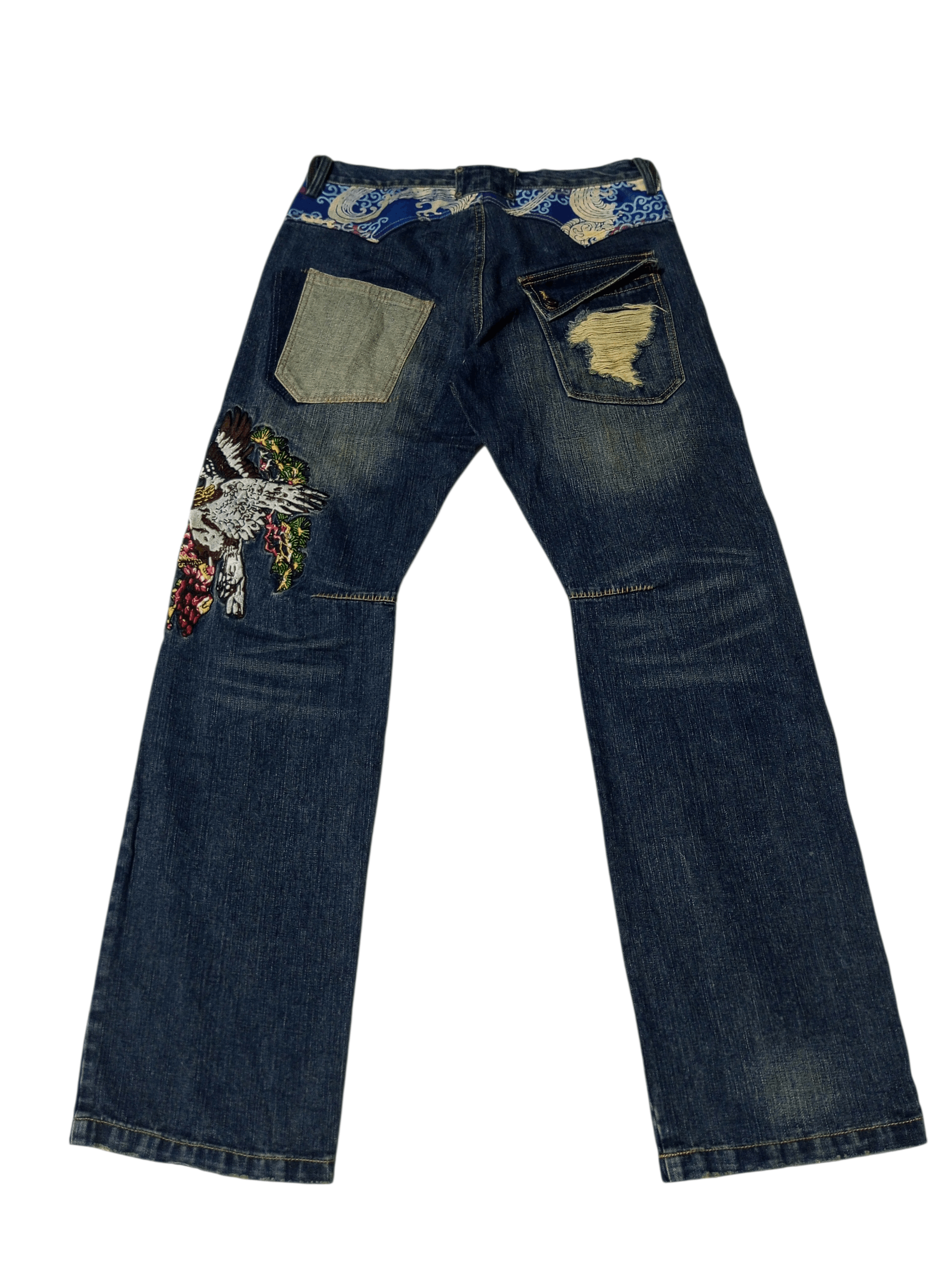 Karakuri Tamashii Vintage exhibitionist embroidery distressed flared denim Size US 33 - 1 Thumbnail
