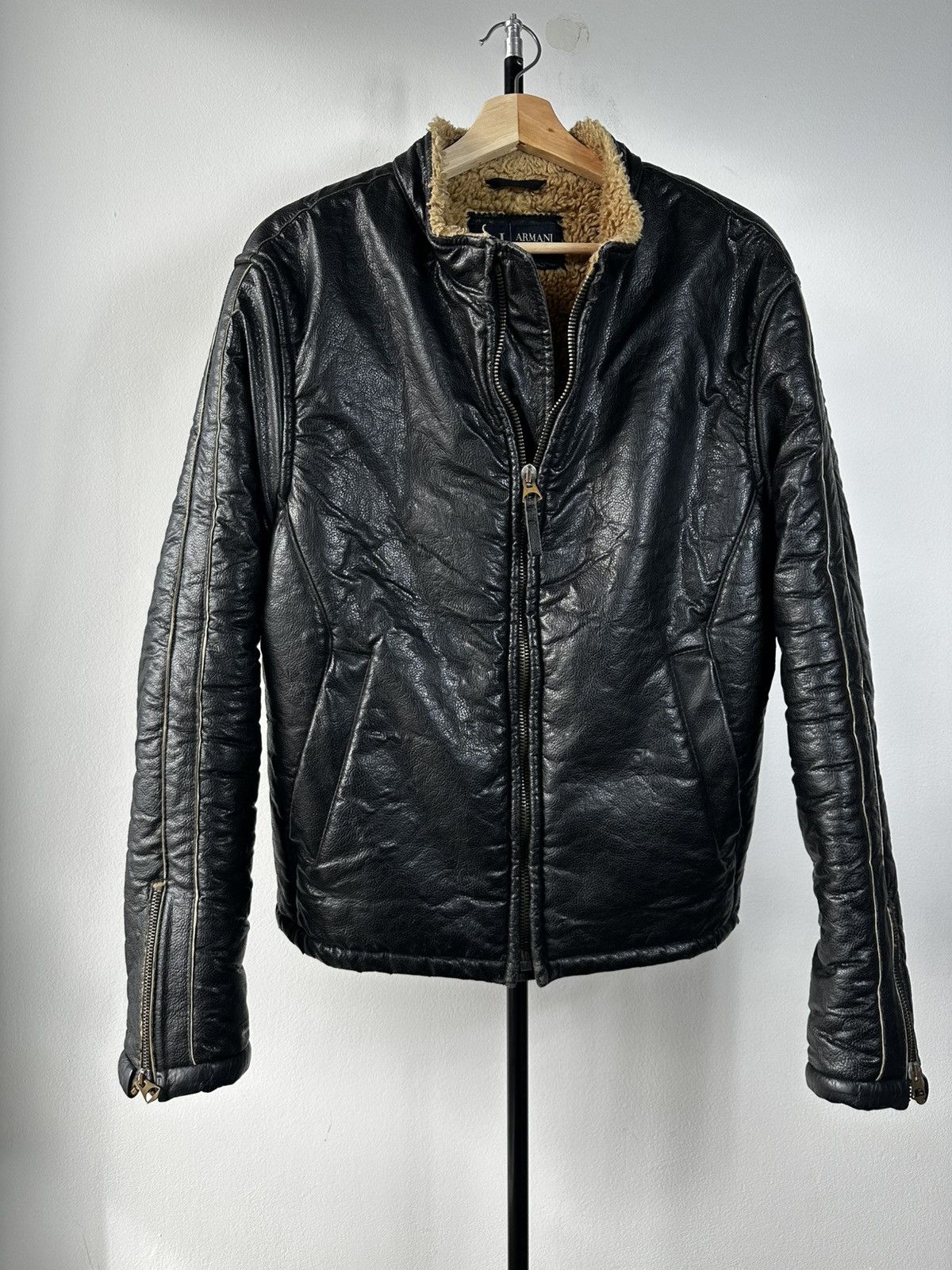 Emporio Armani Armani Jeans Faux Leather Shearling Bomber Jacket Black Fur Size US L / EU 52-54 / 3 - 3 Thumbnail