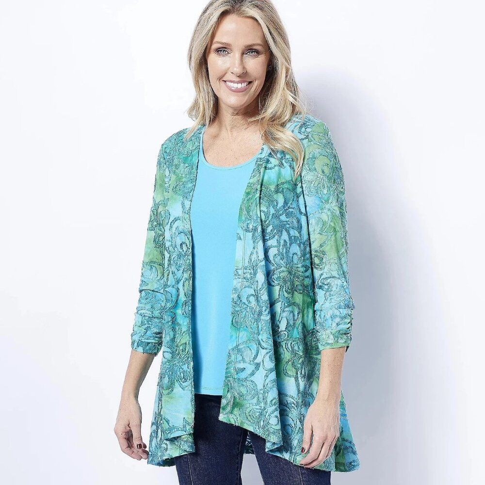 Other Susan Graver Burnout Knit Turquoise Green Floral Cardigan S Size S / US 4 / IT 40 - 1 Thumbnail
