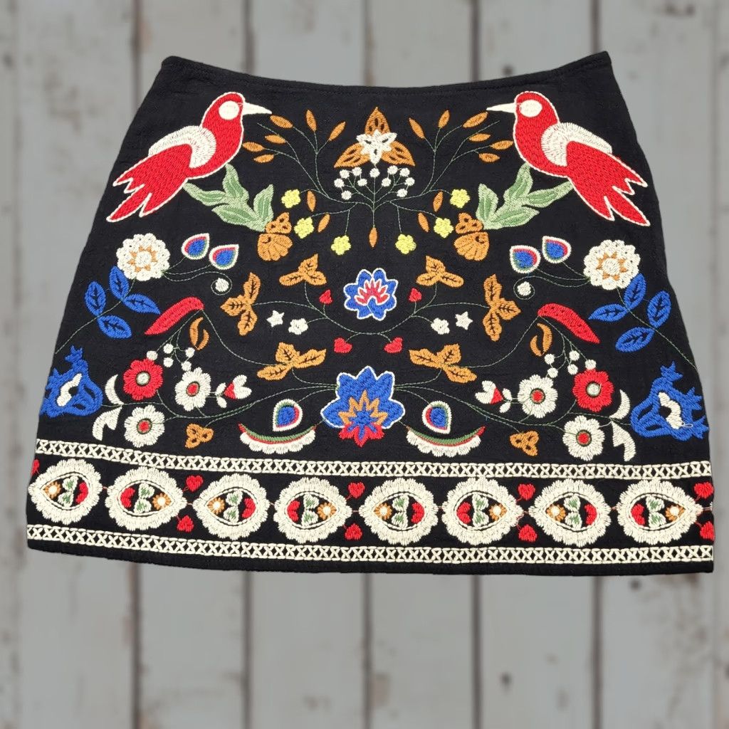 Vintage UMGEE Floral Embroidered Skirt Women’s Size Small Boho Mini Black Red Birds Skirt Mini Bohemian Festival Women Size 28" / US 6 / IT 42 - 1 Thumbnail