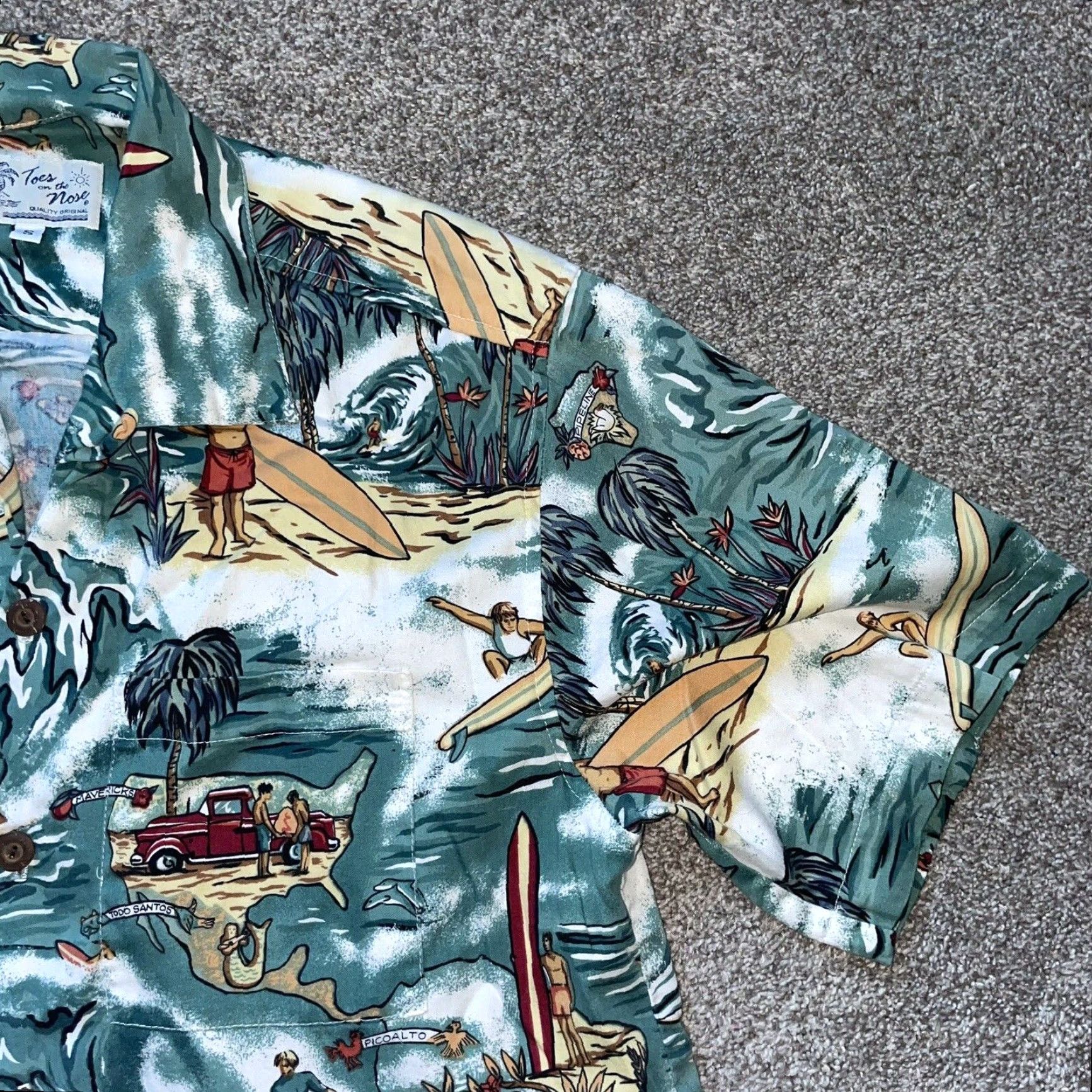Vintage VINTAGE Toes on The Nose Hawaiian Shirt Teal Short Sleeve Men S Button-Up Teal Hawaiian Print Shirt Mens Small Size US S / EU 44-46 / 1 - 3 Thumbnail