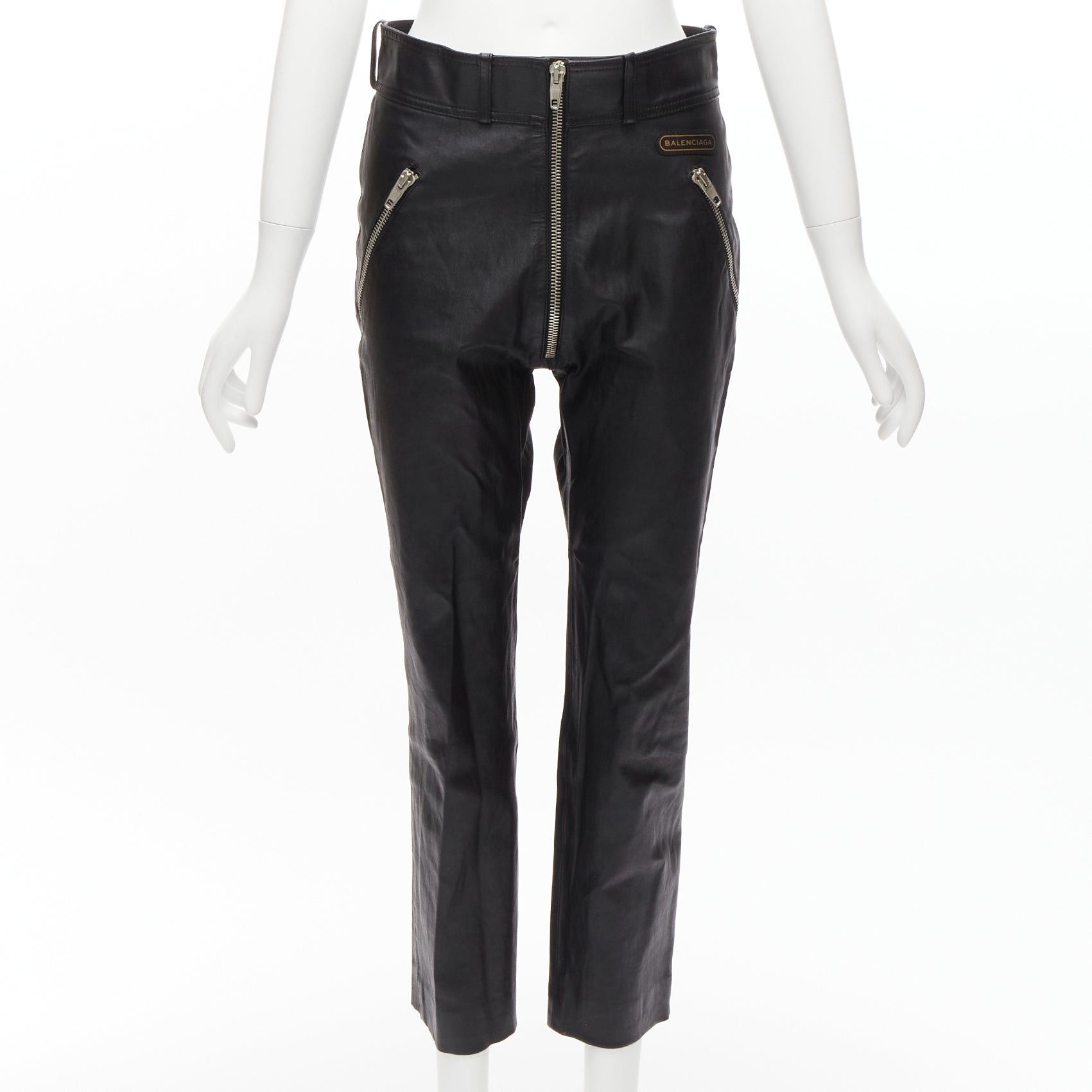 Balenciaga BALENCIAGA Demna 2017 logo patch silver zip cropped moto ride leather pants FR40 L Size 30" / US 8 / IT 44 - 1 Thumbnail