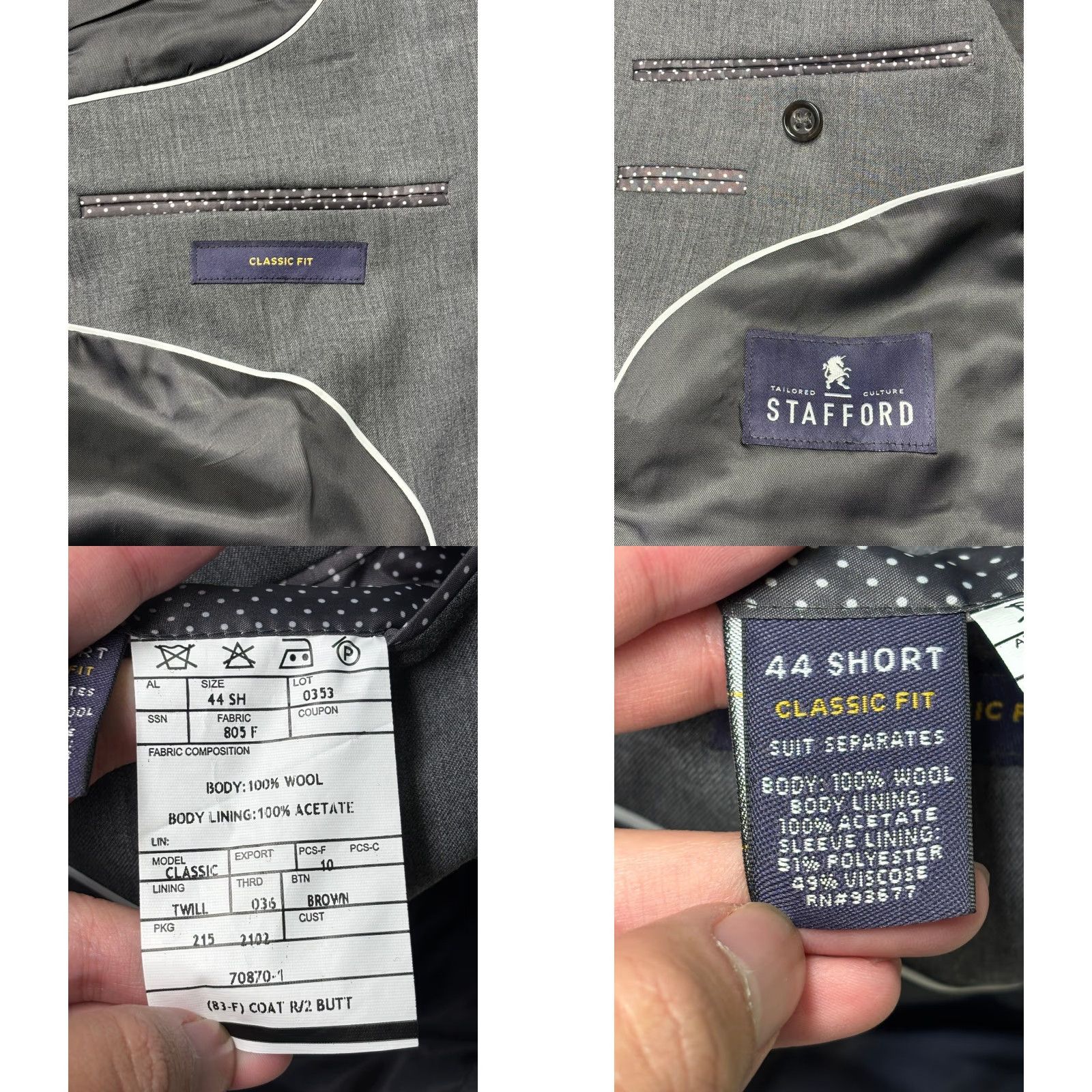 Stafford Stafford Wool Herringbone Suit Jacket Blazer 2 Piece 44 Short Notch Lapel Two-Button Classic Fit Mens Grey Regular Vintage No Size US 44 / EU 60 - 8 Thumbnail