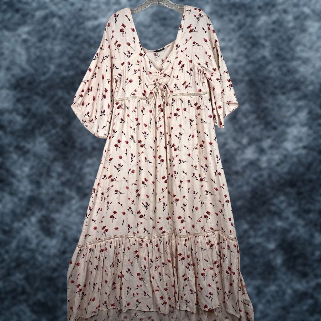 Topshop VINTAGE NOT APPLICABLE Topshop Dress Womens 8 Pink Floral 3/4 Sleeve Maxi High Low Viscose Ruched Shirts? Size M / US 6-8 / IT 42-44 - 1 Thumbnail