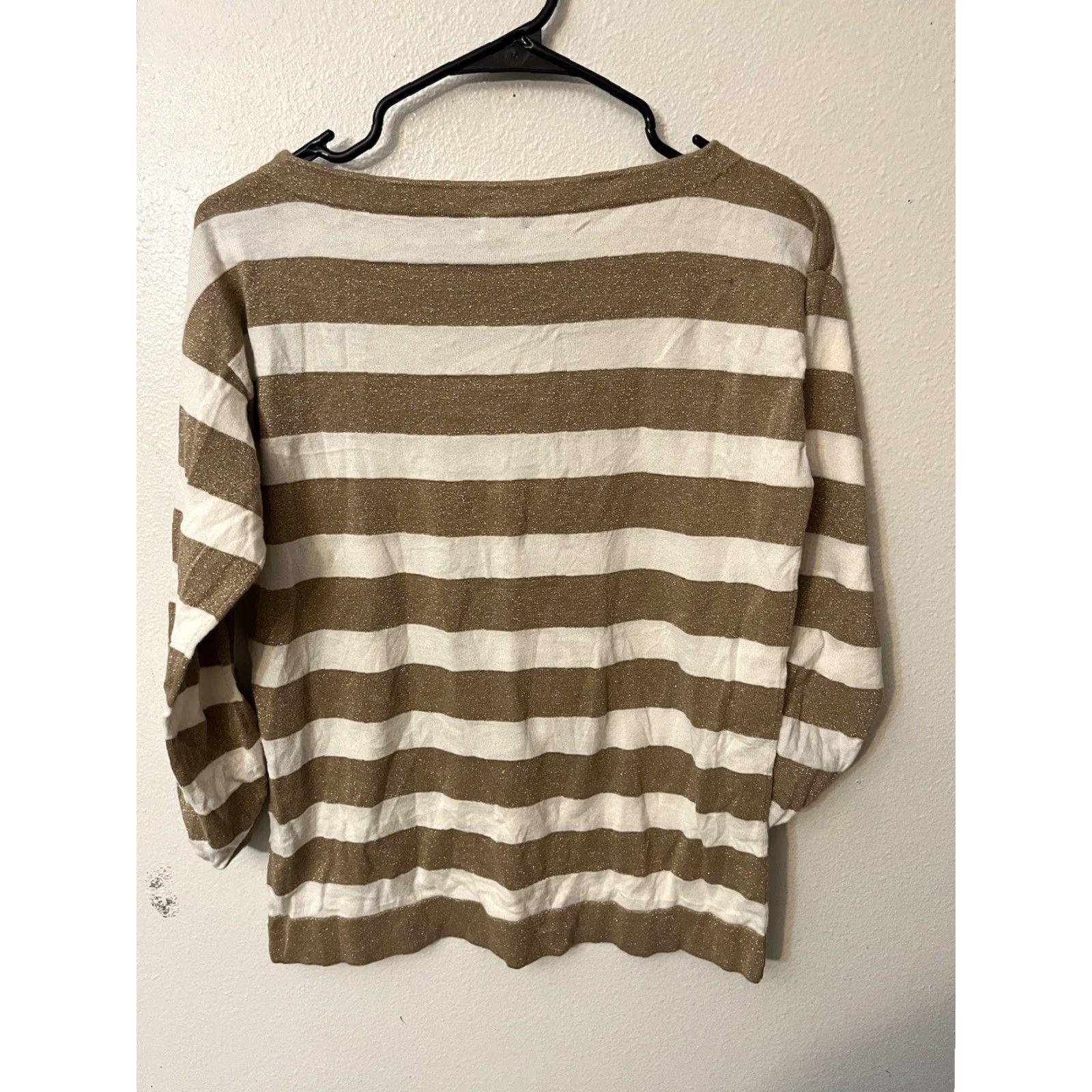 J.Crew J.CREW Women's Size Small Pullover Striped Seamo­re Gold Sparkle Boat Neck 3/4 Sleeve Sweater Style# 52449 Ladies Size S / US 4 / IT 40 - 2 Thumbnail