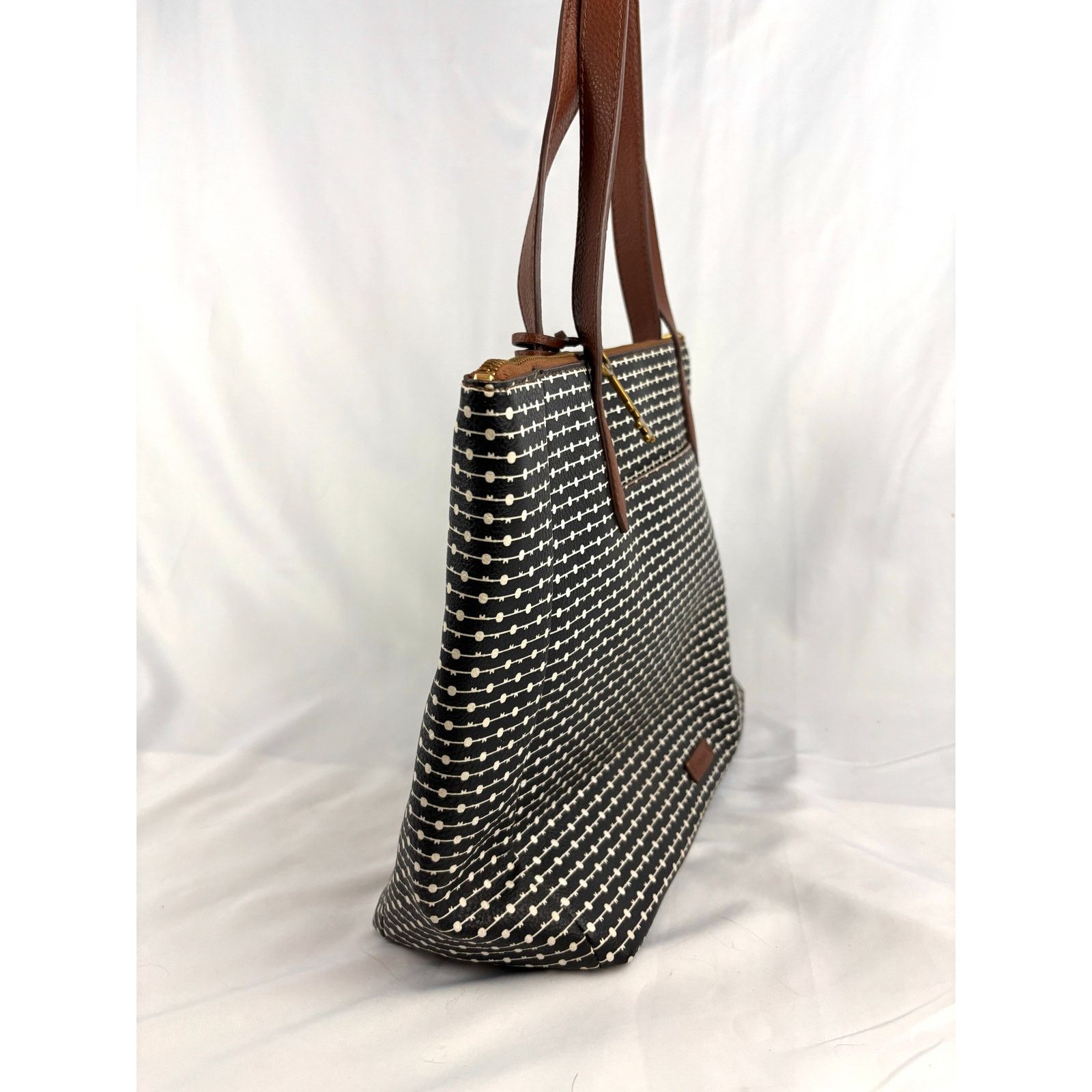 Fossil Fossil Rachel Leather Black Striped Tote Purse Classic Size ONE SIZE - 13 Thumbnail