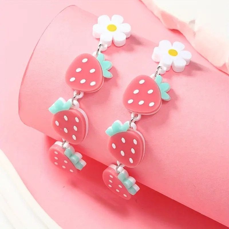 Other Cute Strawberry Dangle Earrings with Daisy Kawaii Earrings Size ONE SIZE - 2 Thumbnail