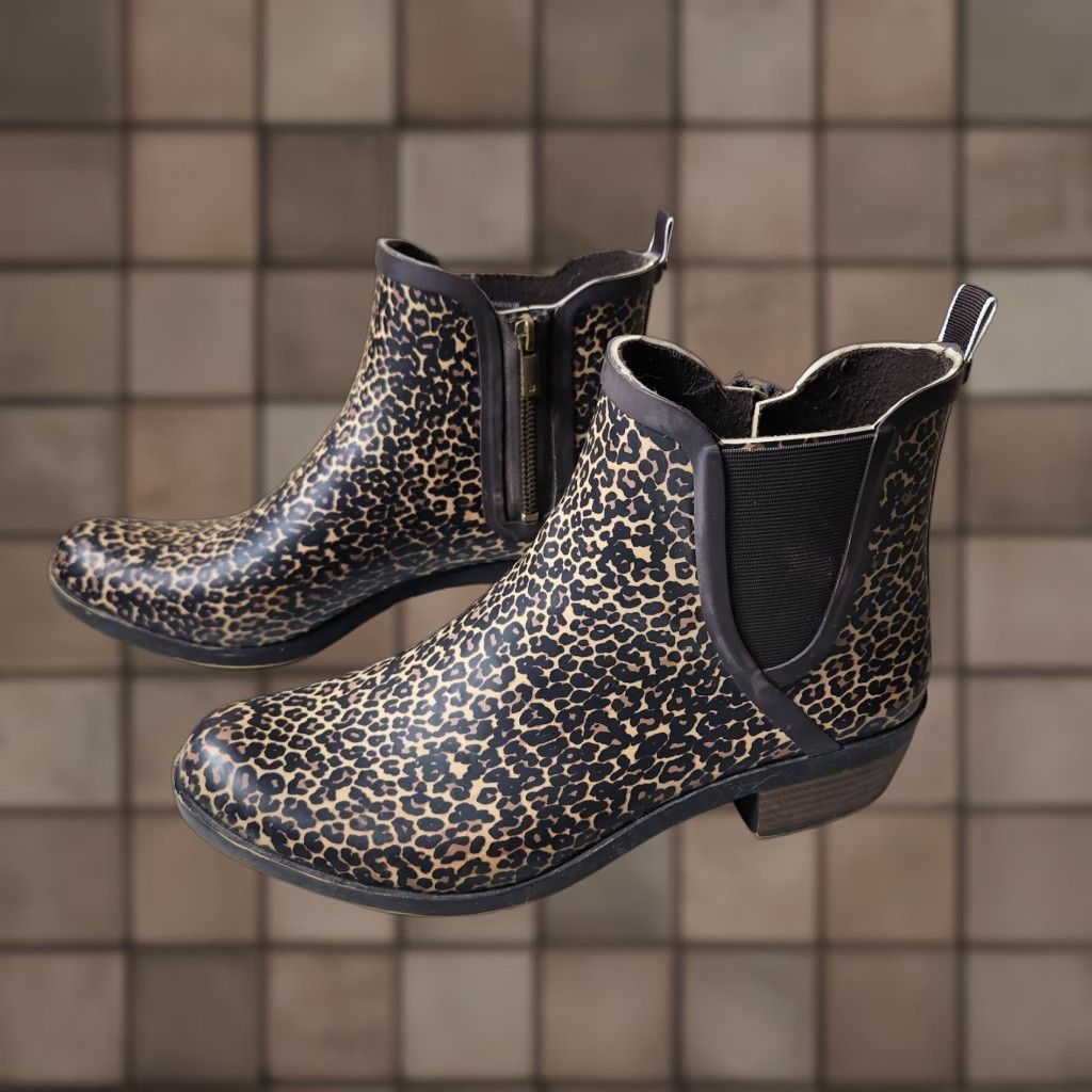 Lucky Brand VINTAGE Lucky Brand Women’s Leopard Basel Rainboot Bootie |10/42| Bootie Women’s Black Tan Brown Waterproof Side Zip Block Heel City Rain Size US 10 / IT 40 - 1 Thumbnail