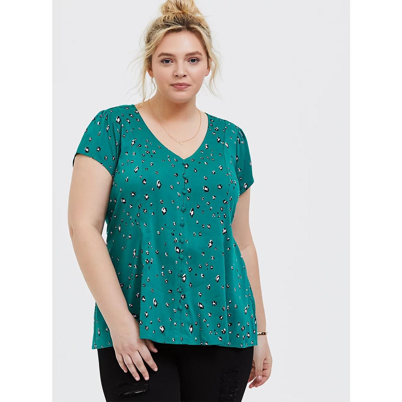 Other Torrid Emerald Green Challis Leopard Button & Corset Back 2 Size XXL / US 16-18 / IT 52-54 - 1 Thumbnail