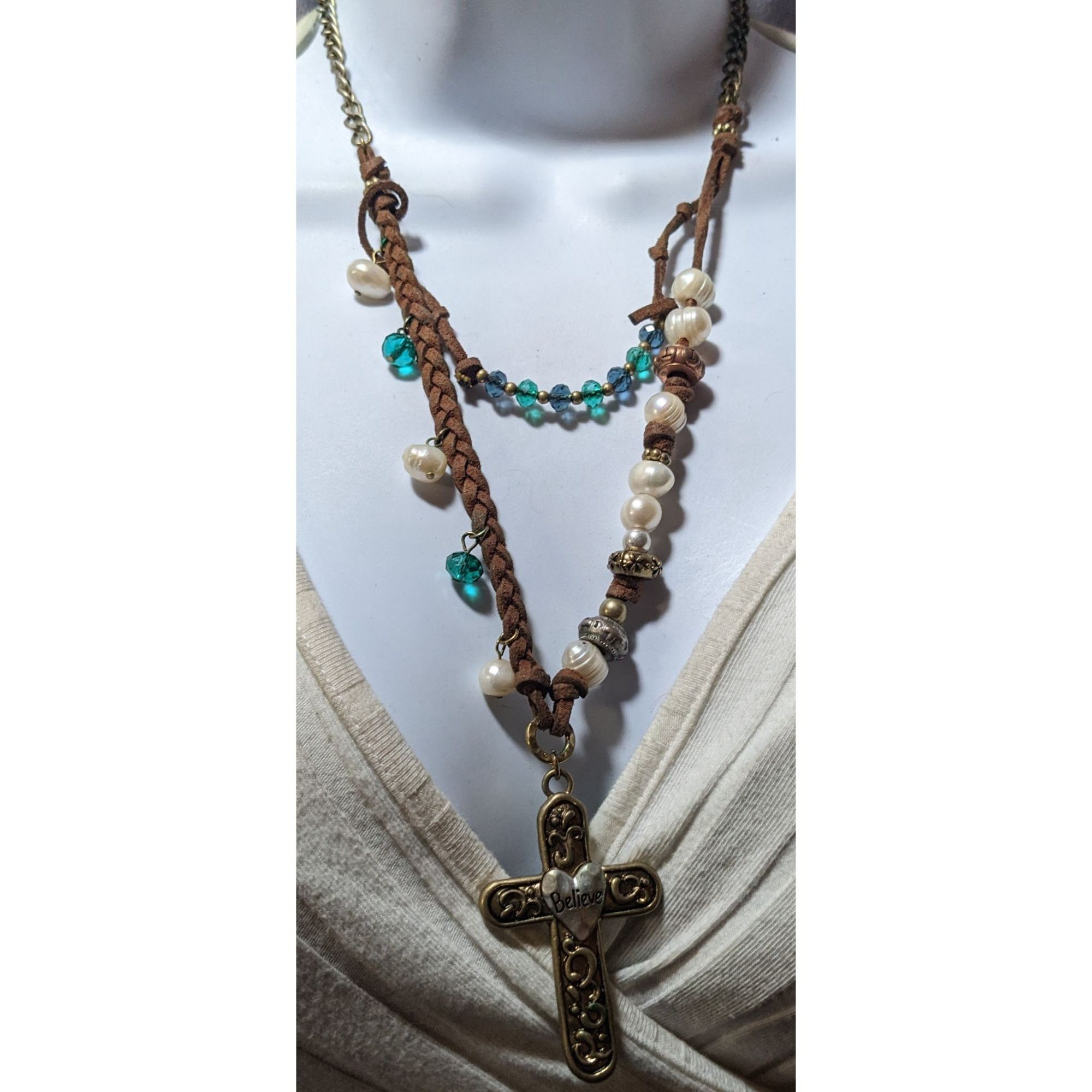 Other Rustic Suede Pearl Beaded Embossed Cross Pendant Necklace Size ONE SIZE - 6 Thumbnail