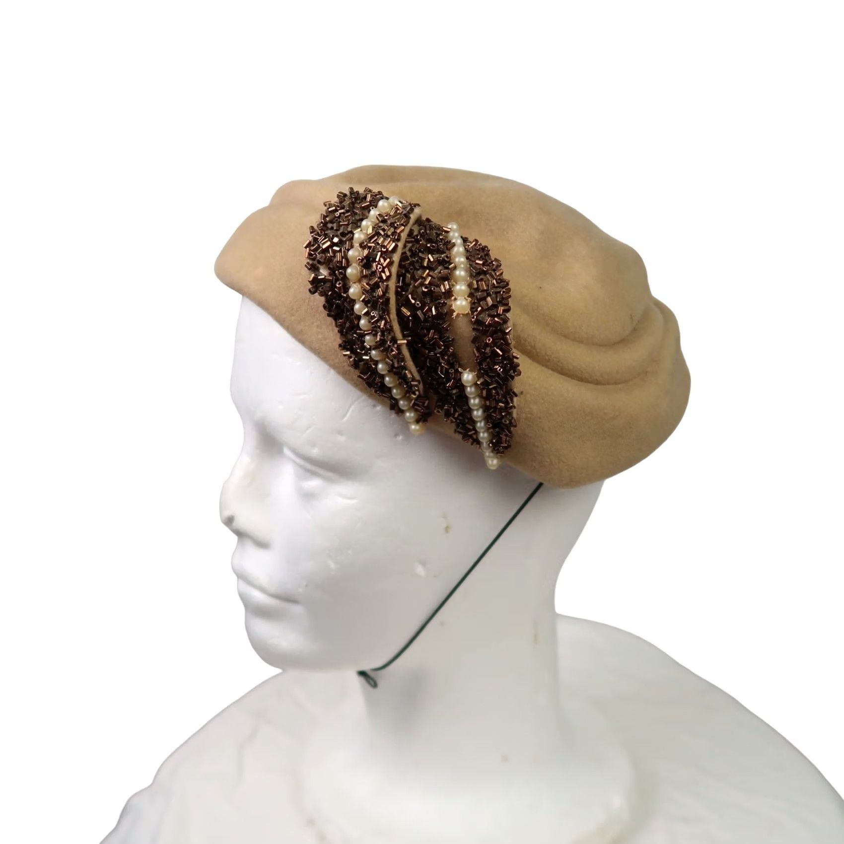 FELT VINTAGE Tan Felt Wool Bead Embellished Fascinator Beret Hat Women 50s Formal Party/Cocktail One Size Wool 100% Size ONE SIZE - 2 Thumbnail