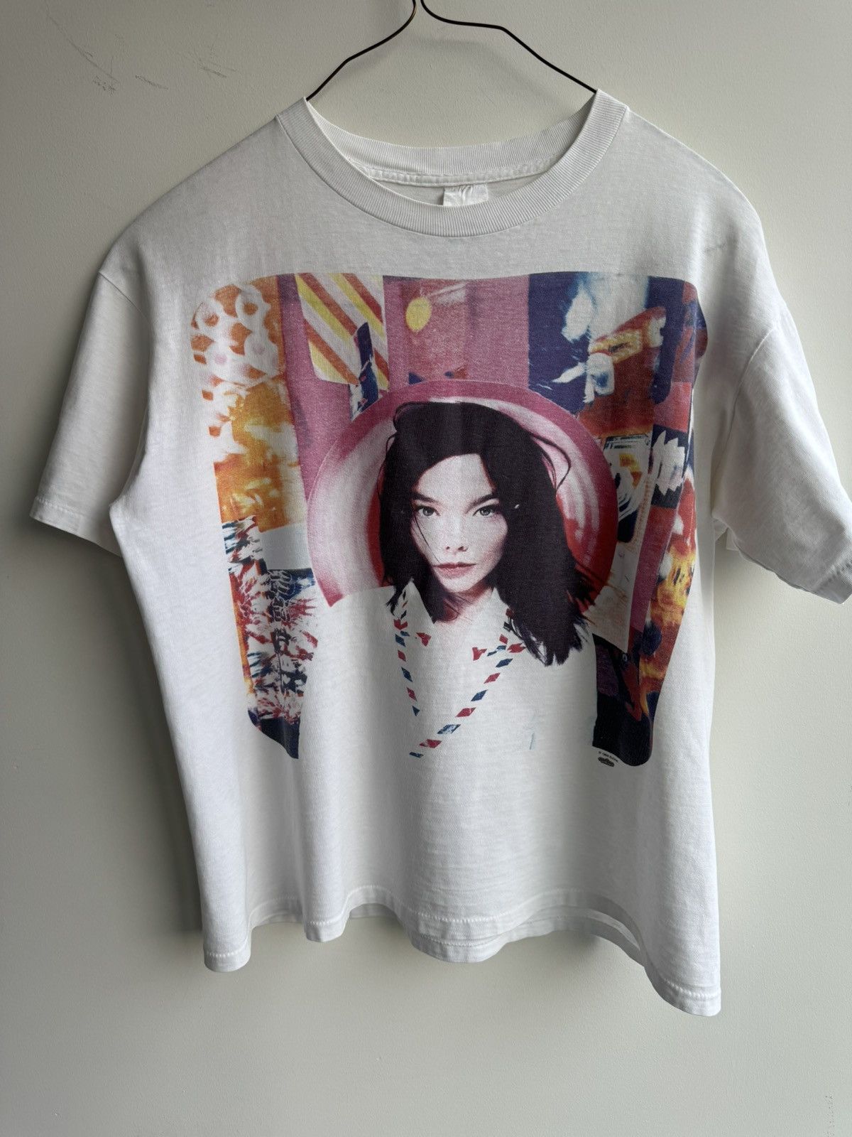 image of Vintage Bjork 1995 Post T Shirt Faded Cropped Oversized in White, Men's (Size XL)