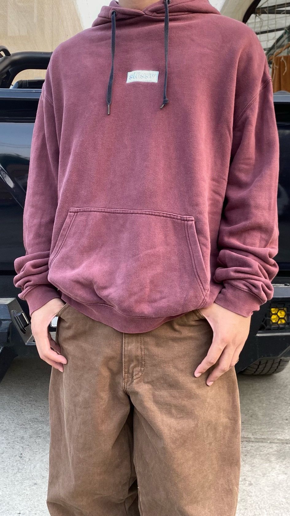 Stussy Vintage Stussy Box Logo Acid Washed Maroon Hoodie Size US L / EU 52-54 / 3 - 6 Thumbnail