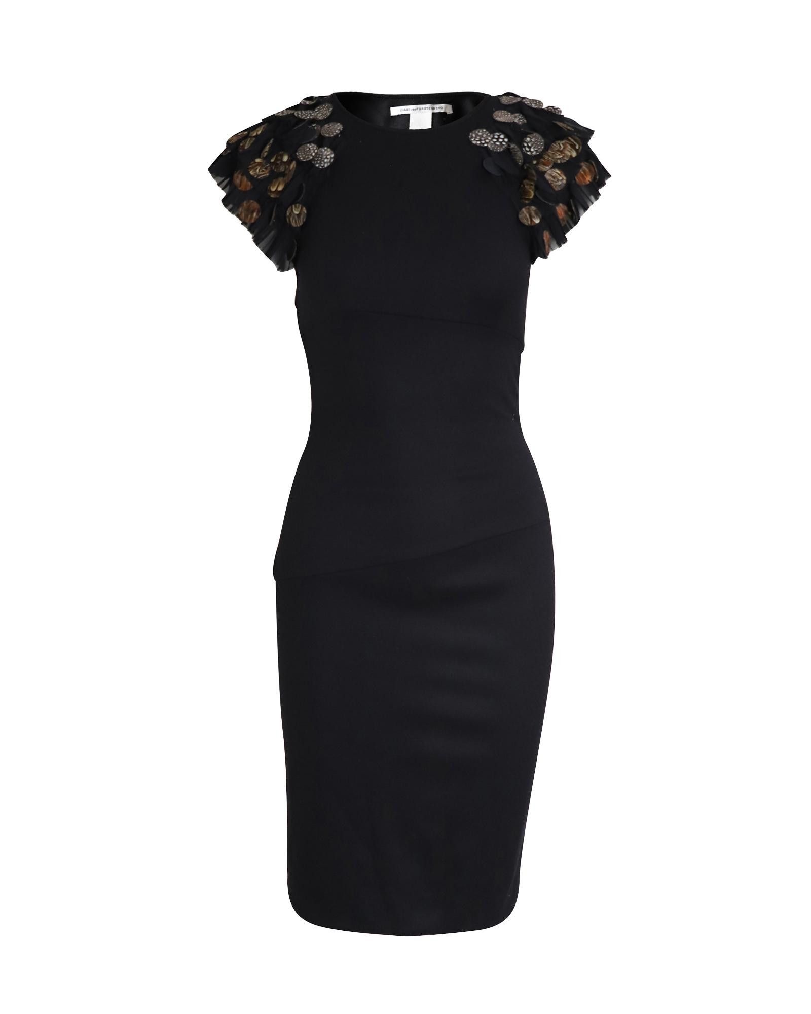 image of Diane Von Furstenberg Embellished Midi Dress In Black Wool, Women's (Size XS)