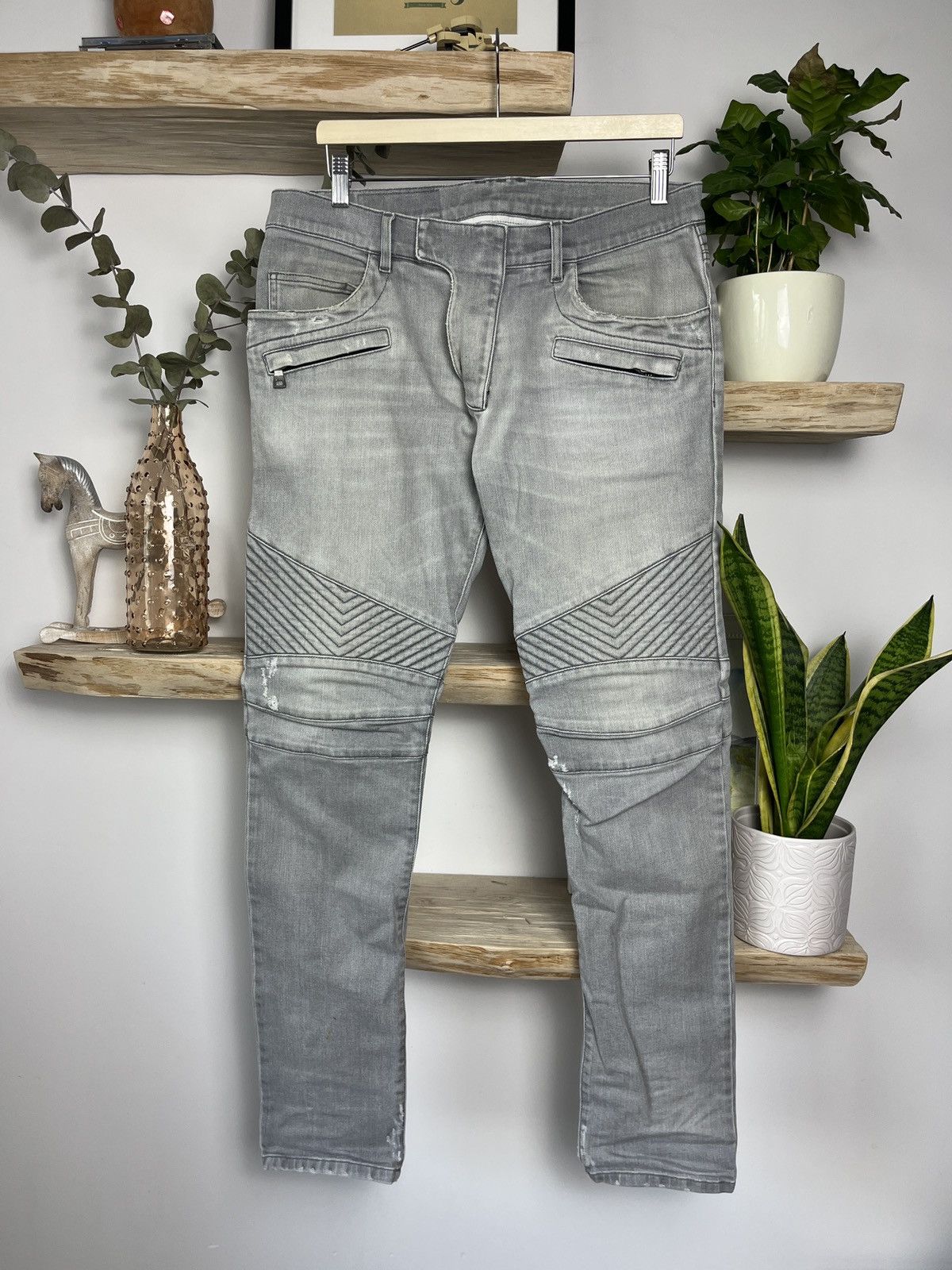 Balmain Balmain Grey Distressed Biker Denim Jeans Size US 32 / EU 48 - 1 Thumbnail