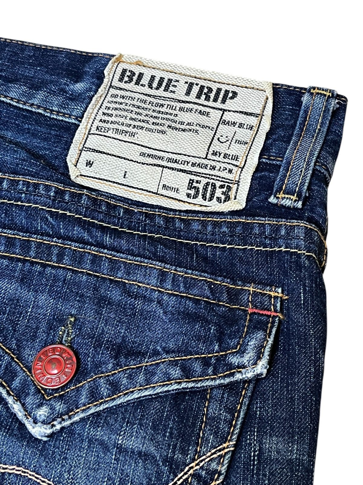 Edwin SICK🔥VINTAGE EDWIN 503 FLARED BLUE TRIP DISTRESSED JEANS Size US 35 - 18 Thumbnail