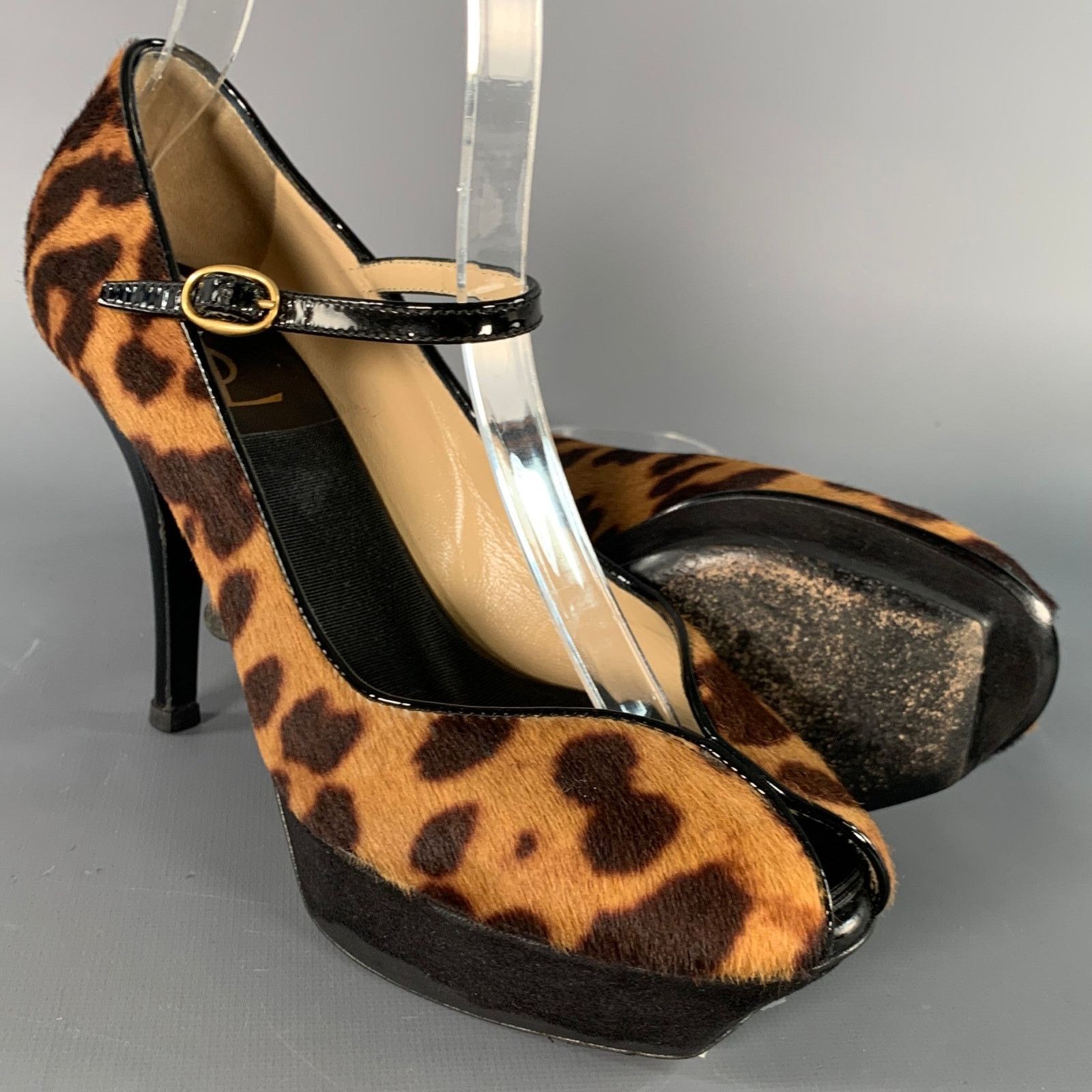 Yves Saint Laurent Tribute Brown Black Calf Hair Animal Print Platform Sandals Size US 6 / IT 36 - 5 Thumbnail