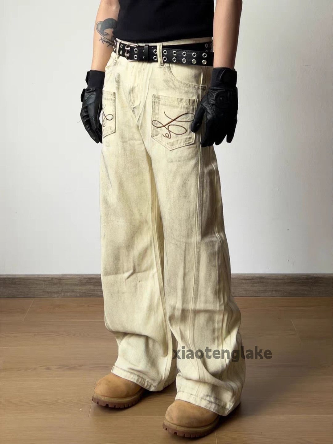 xz vintage washed faded distressed loose cargo jeans