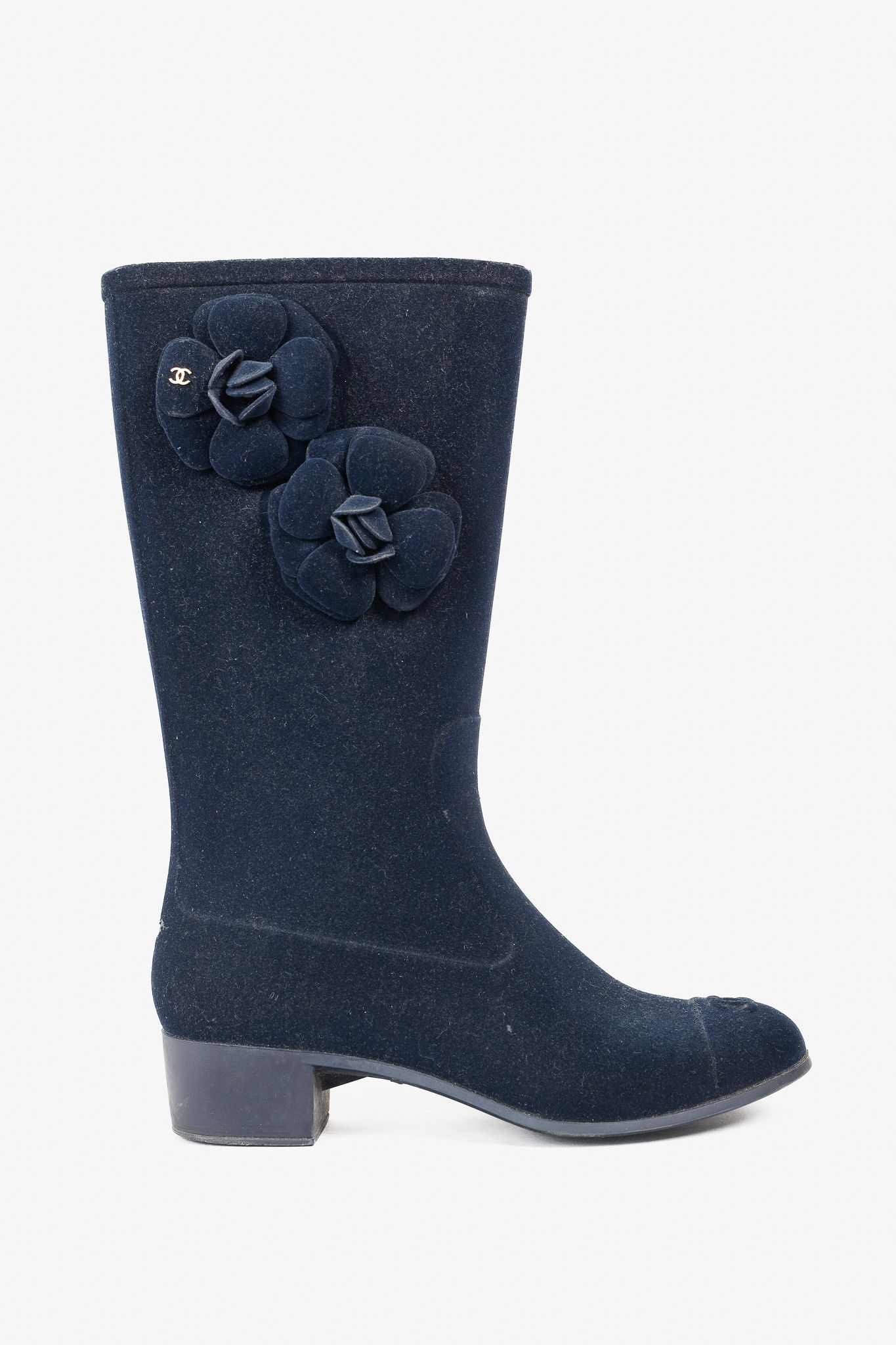 Chanel Chanel 11A Navy Velvet Camellia Rubber Rain Boots Size US 6.5 / IT 36.5 - 1 Thumbnail