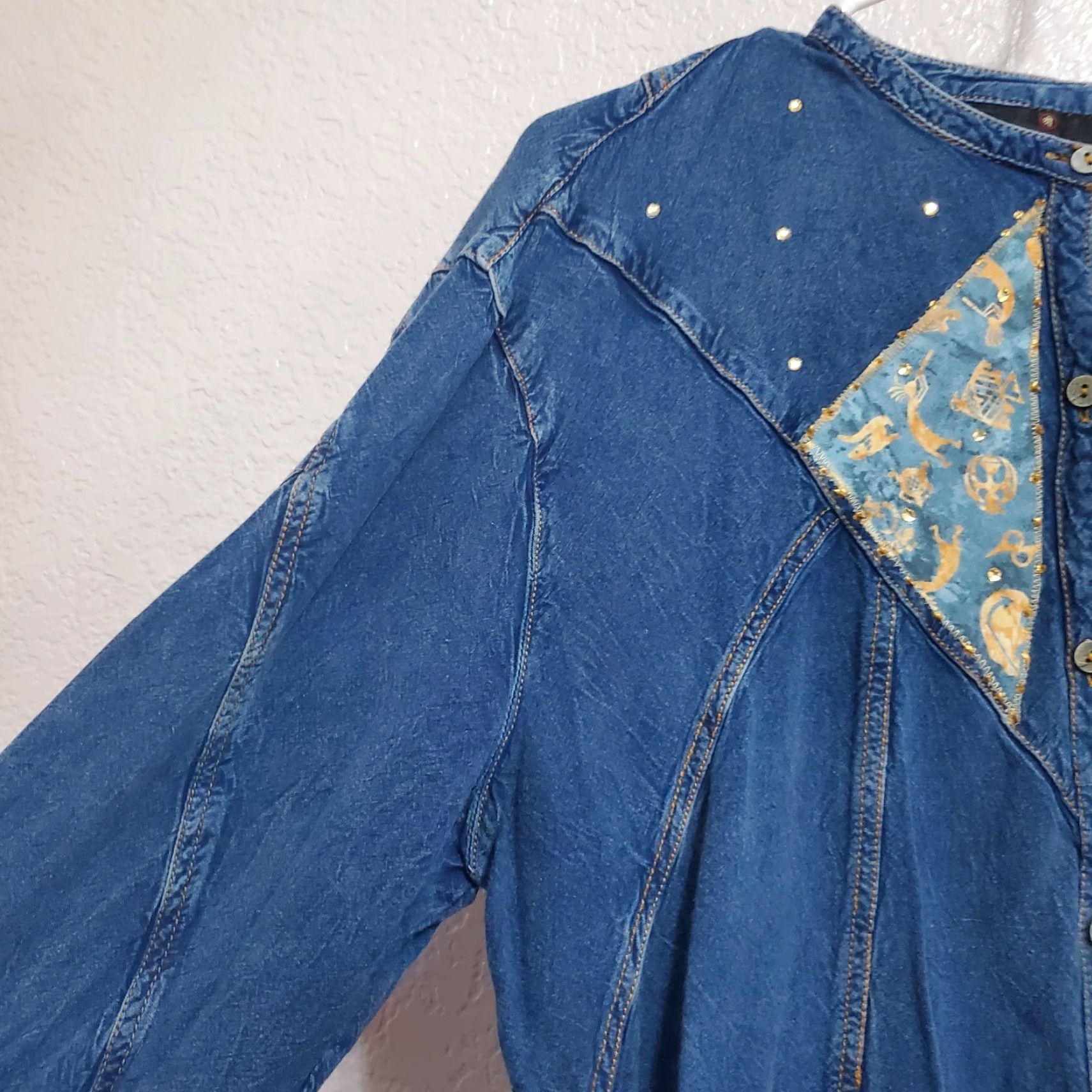 Vintage Sacred Threads Shirt Women M Blue Chambray Patchwork Southwestern Oversized Button Up Kokopelli Rhinestone Size M / US 6-8 / IT 42-44 - 6 Thumbnail