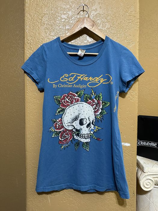 Vintage Rare Y2k Ed Hardy Christian Audigier Skull Rose T Shirt Grailed 7089