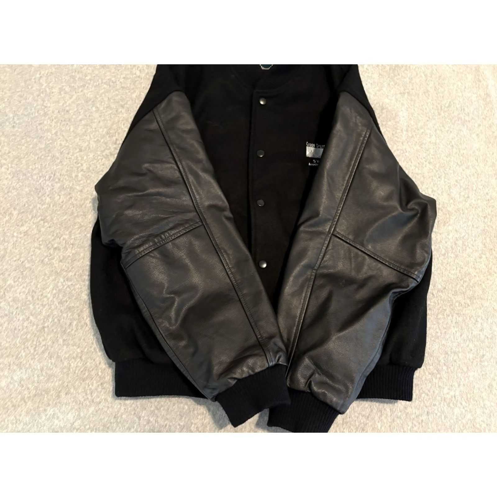 Vintage Cisco Systems 5 Year Anniversary Black Wool Leather Varsity Bomber Jacket L Men Size US L / EU 52-54 / 3 - 5 Thumbnail