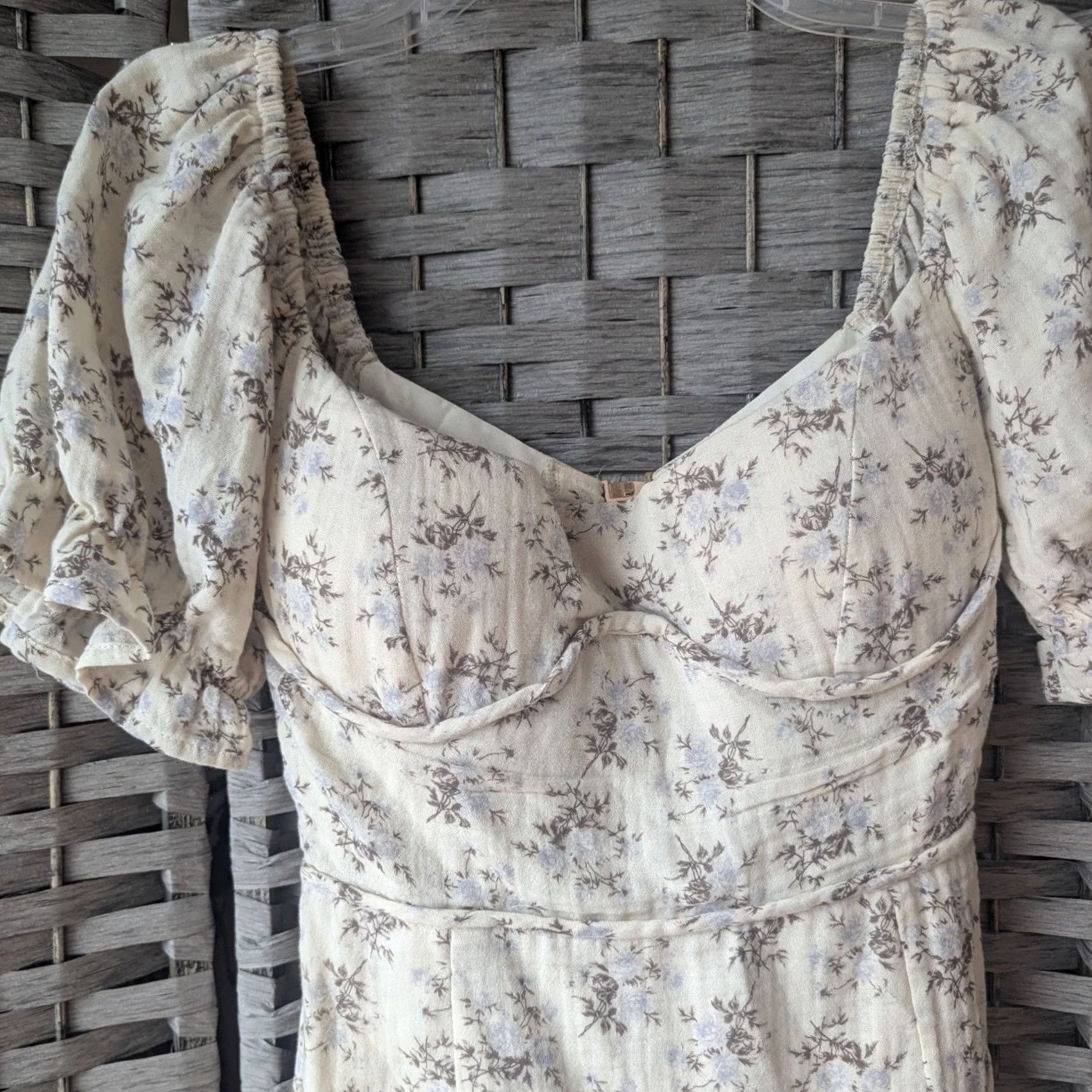 Vintage Cream Floral Bustier Open Back Puff Sleeve Mini Dress Sz L Coquette Fairy Womens Dress Size L / US 10 / IT 46 - 2 Thumbnail