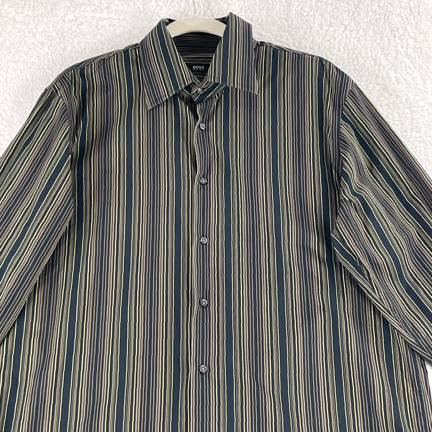 Hugo Boss **Hugo Boss Mens XL Brown Striped Long Sleeve Button-Up Dress Shirt** User: **Hugo Boss Mens Size XL Brown Striped Long Sleeve Button-Up Dress Shirt** Size 46R - 2 Thumbnail