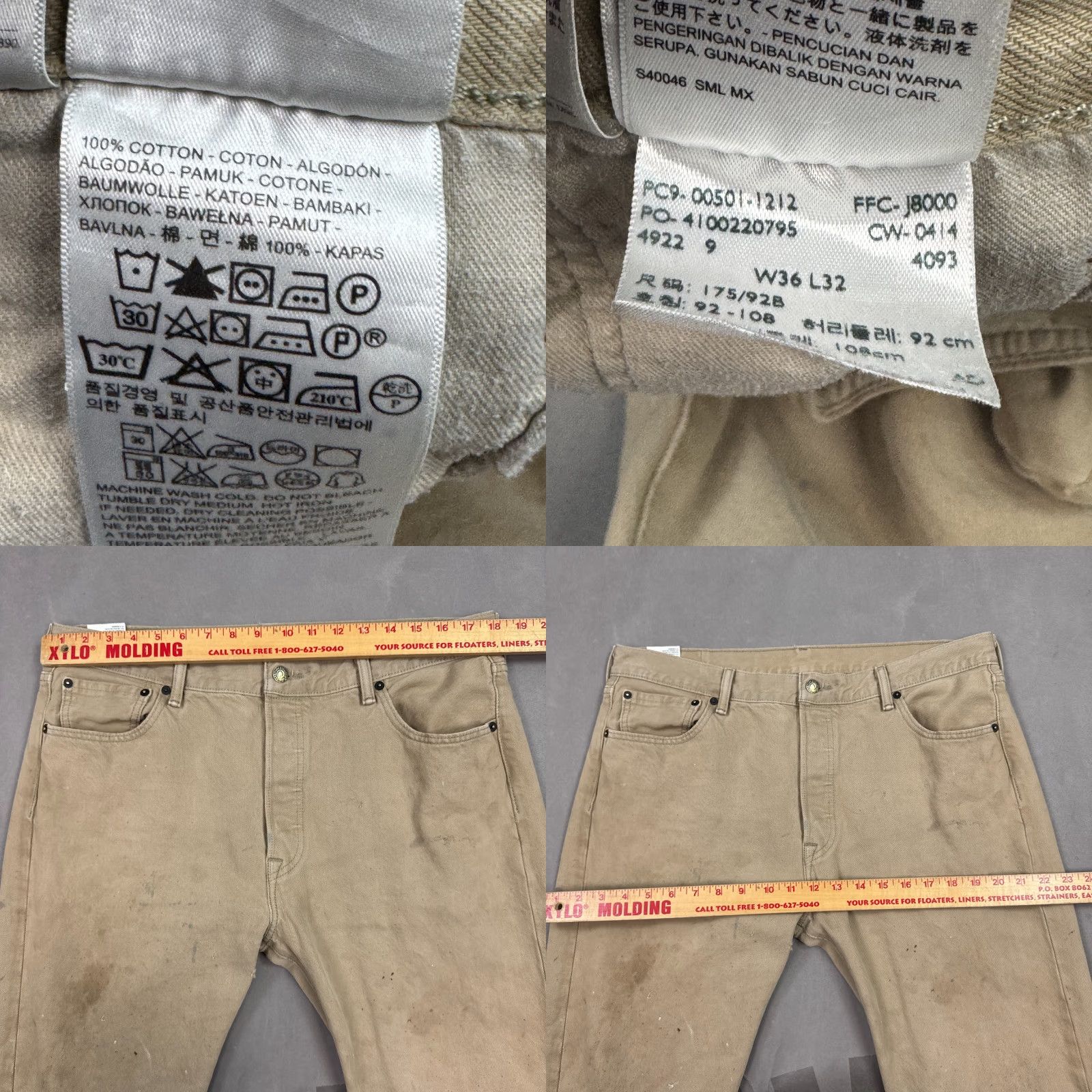 Levi's VINTAGE Levi's 501 Jeans 36x32 Beige Denim Button Fly Thrashed Workwear Distressed Stains Mens Pants 5-Pocket Denim Jeans Regular Fit Cotton Size US 36 / EU 52 - 9 Thumbnail
