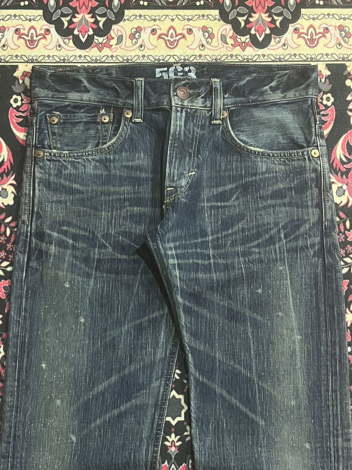 Number (N)ine Edwin 503 Japan Blue Trip Dark Blue Frayed Leg Flare Jeans Size US 30 / EU 46 - 4 Thumbnail