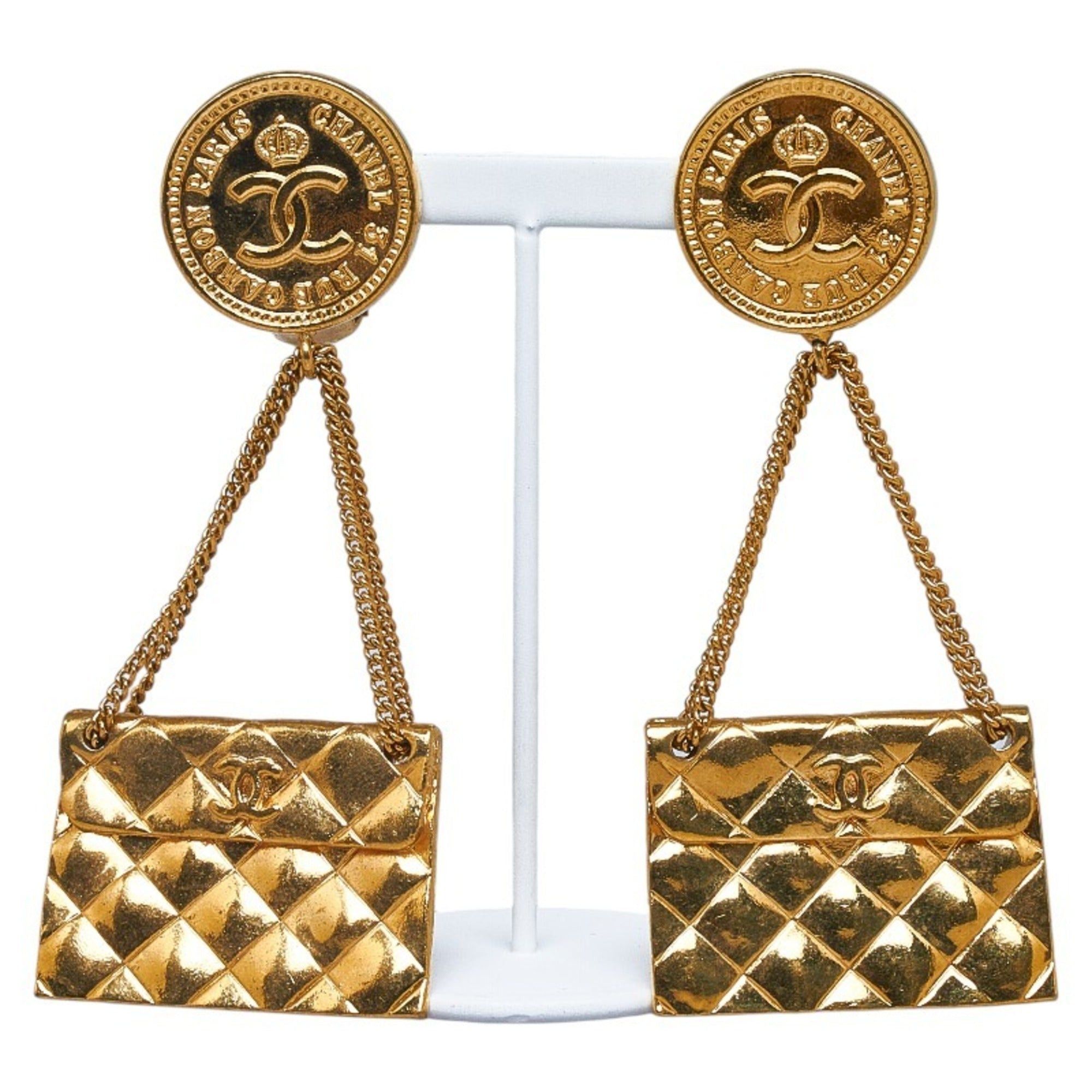 image of Chanel Cocomark Matelasse Chain Bag Motif Earrings Gold Plated Women's