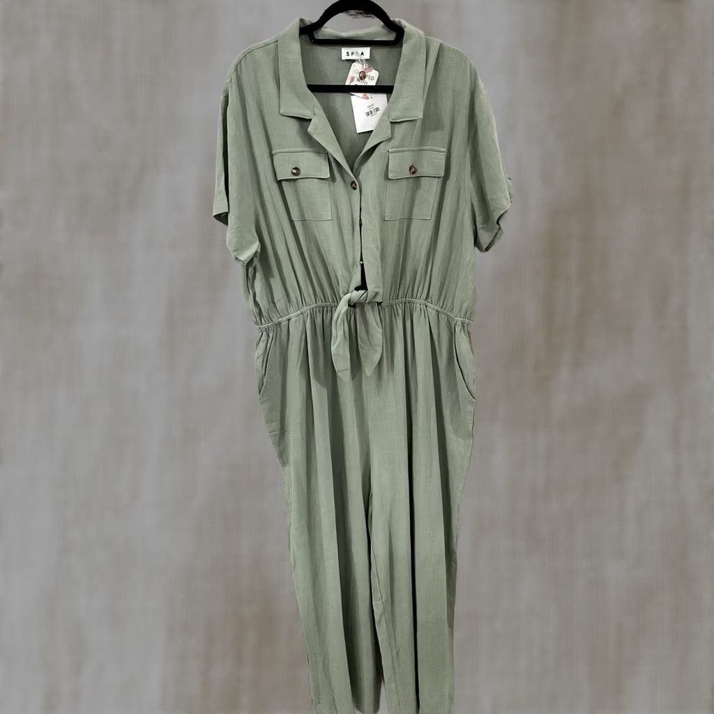 Vintage SPLA Women’s Green Romper OS One-Piece Wide-Leg Pockets Adjustable Straps Sleeveless Round Neck Spring Summer Beach Travel Size 40" / US 18 - 1 Thumbnail
