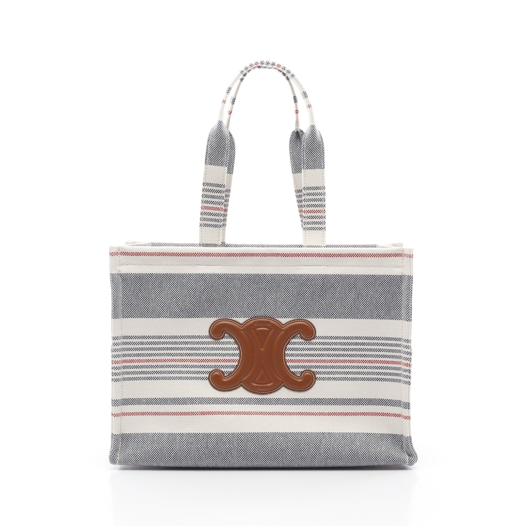 Celine Celine Large Cabas Hippo Triomphe Shoulder Bag Tote Stripes Canvas Leather Off White Navy Red Size ONE SIZE - 1 Thumbnail