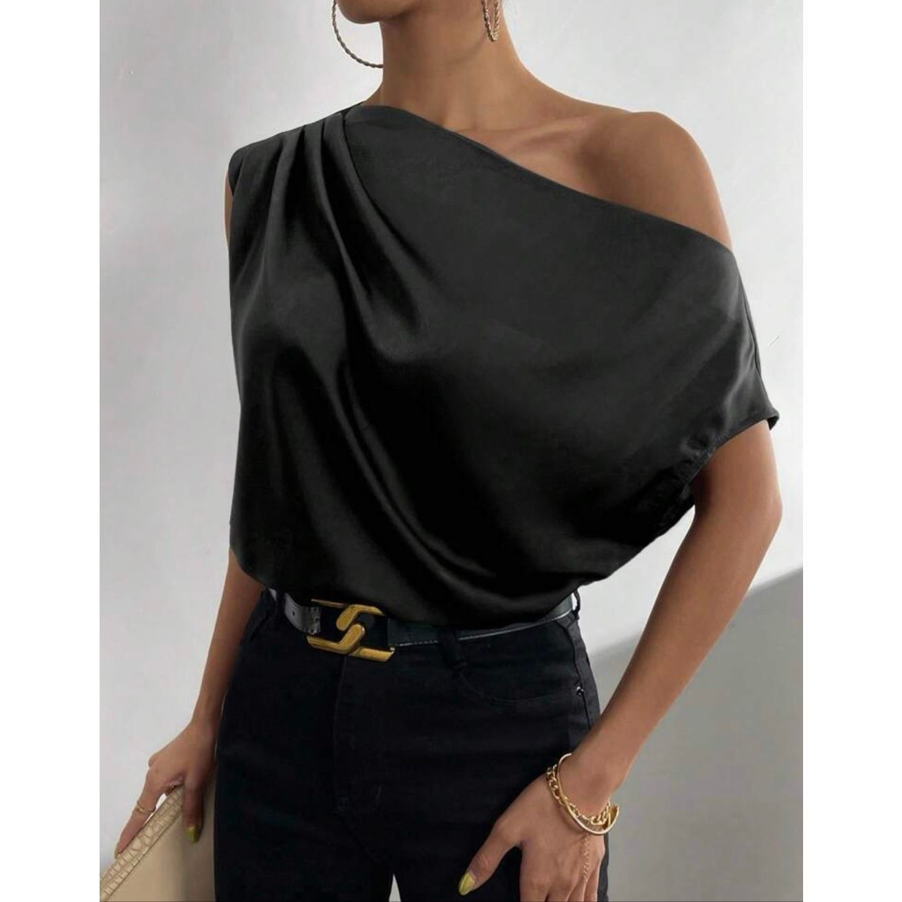 Shein SHEIN satin Solid Asymmetrical Neck Batwing Sleeve Satin Blo Size L / US 10 / IT 46 - 6 Thumbnail