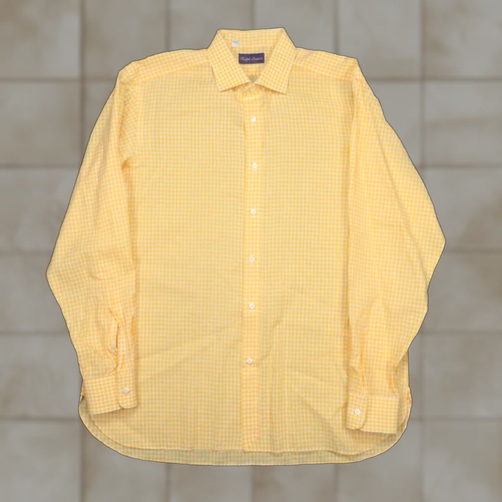 Ralph Lauren Purple Label Shirt Mens Extra Large 17 Yellow Gingham Long  Sleeve Dress Shirt