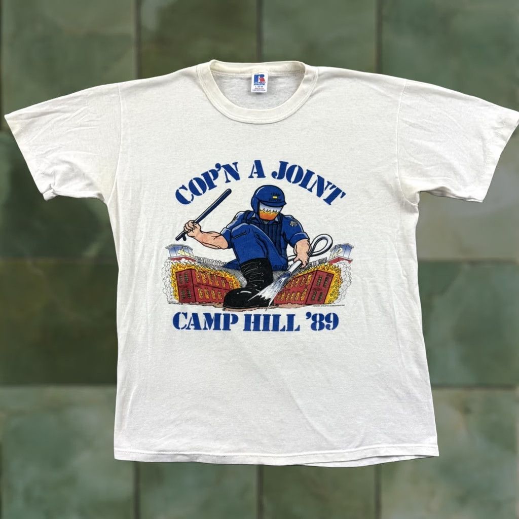 Russell Athletic VINTAGE Russell Athletic Camp Hill Inmate Riot Shirt Mens Large 80s Short Sleeve White Graphic Print 80s Mens Shirts Size US L / EU 52-54 / 3 - 1 Thumbnail