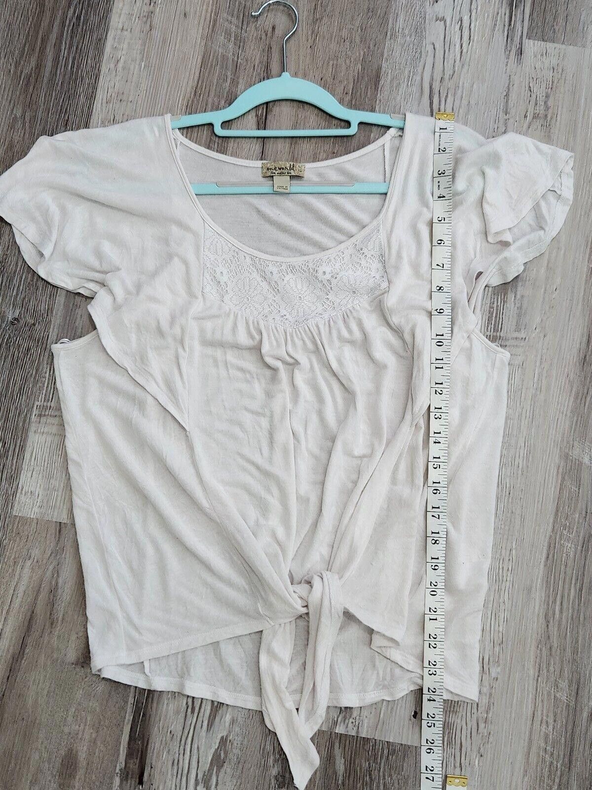Designer One World Top White Large Tie Front Boho Hippie Scoop Neck Size L / US 10 / IT 46 - 4 Thumbnail