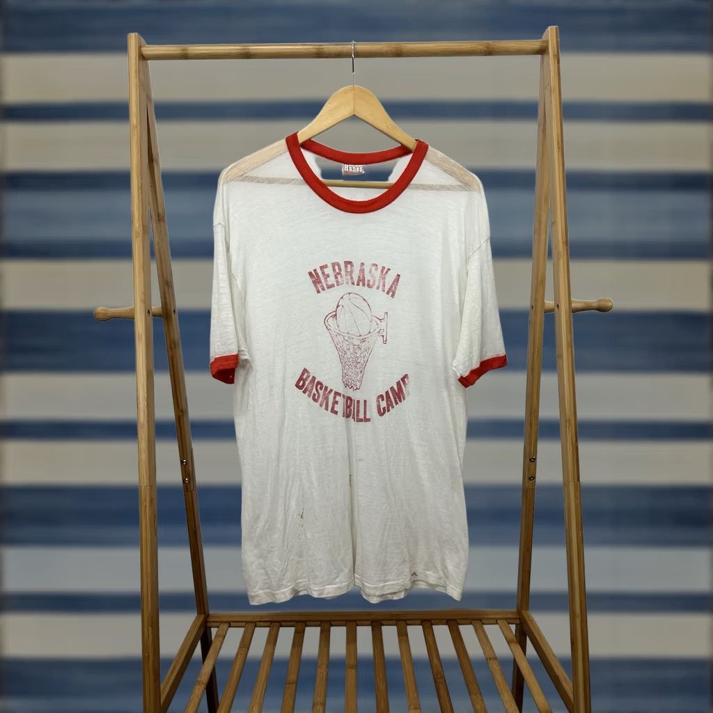 Hanes VTG 80s Nebraska Basketball Camp Super Paper Thin Burnout Ringer Worn T-Shirt XL Shirt Mens White Hanes Size US XL / EU 56 / 4 - 1 Thumbnail