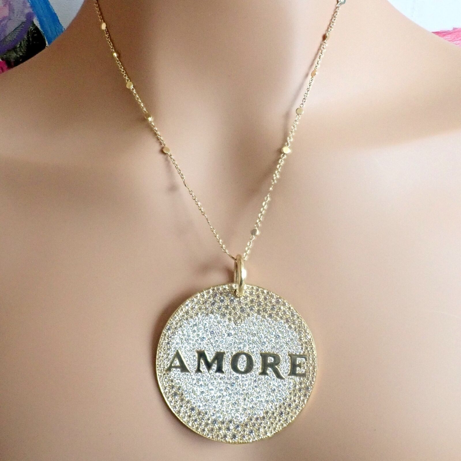 Yellow Gold Large Diamond + Sapp Amore Pendant Necklace
