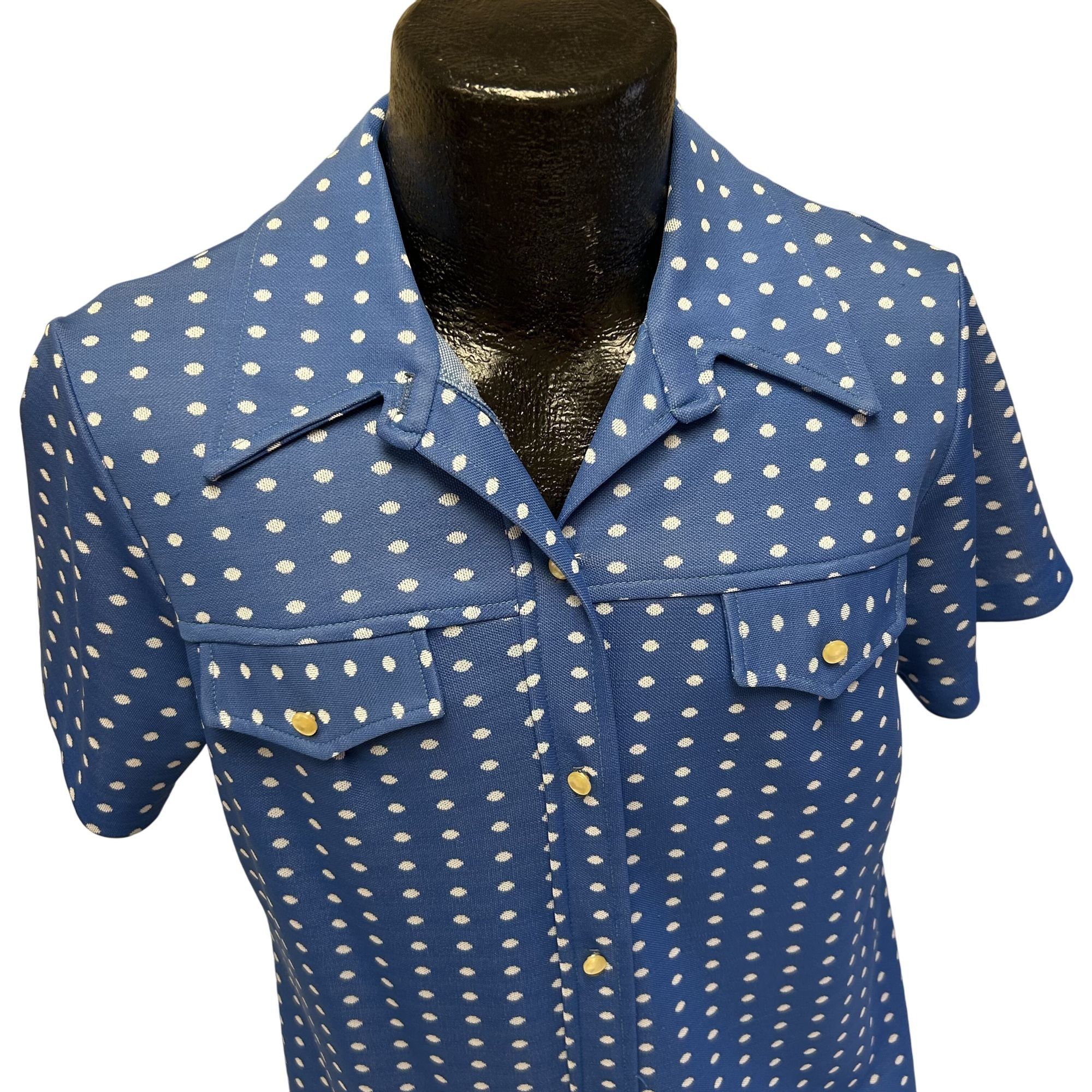 Vintage 60 70's MOD Blue POLKA DOT Collared House Dress 18.5 42 Size XXL / US 16-18 / IT 52-54 - 2 Thumbnail