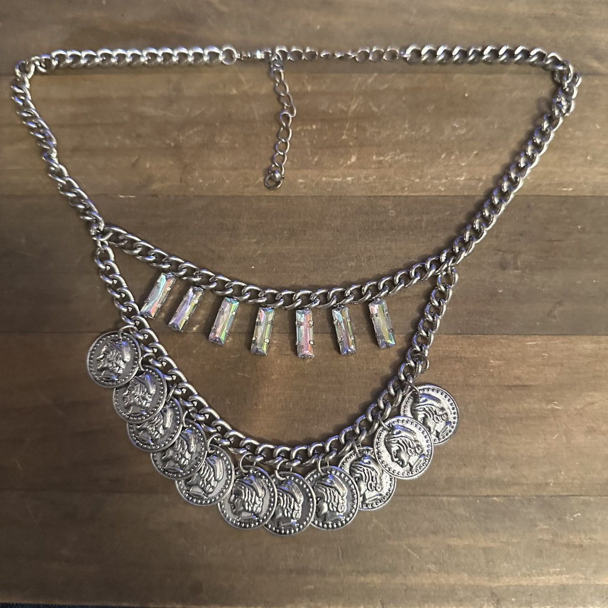 Other Silver tone draped coins and Aurora Borealis stones necklace Size ONE SIZE - 2 Thumbnail