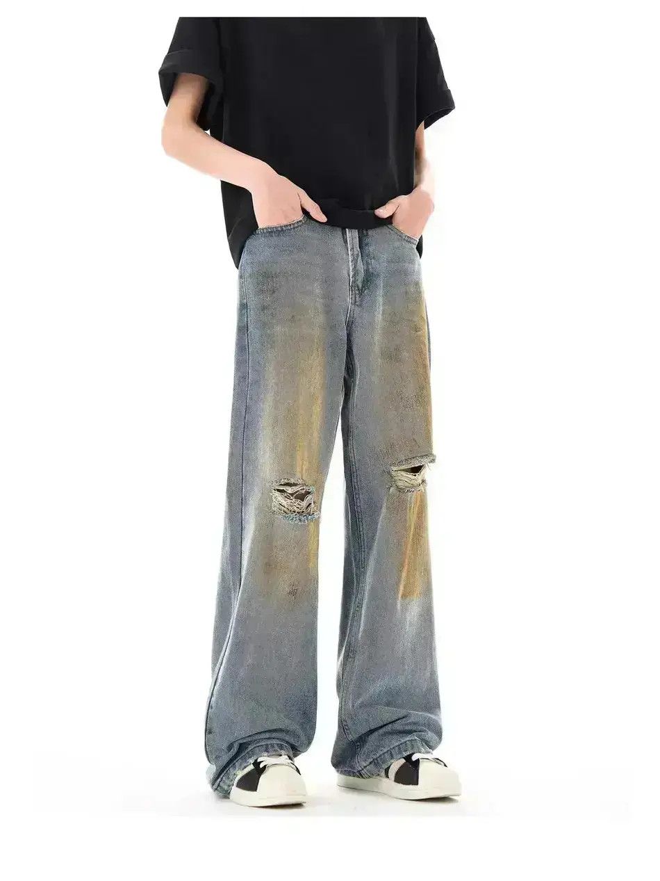 Japanese Brand Retro loose fitting straight leg distressed jeans Size US 32 / EU 48 - 1 Thumbnail